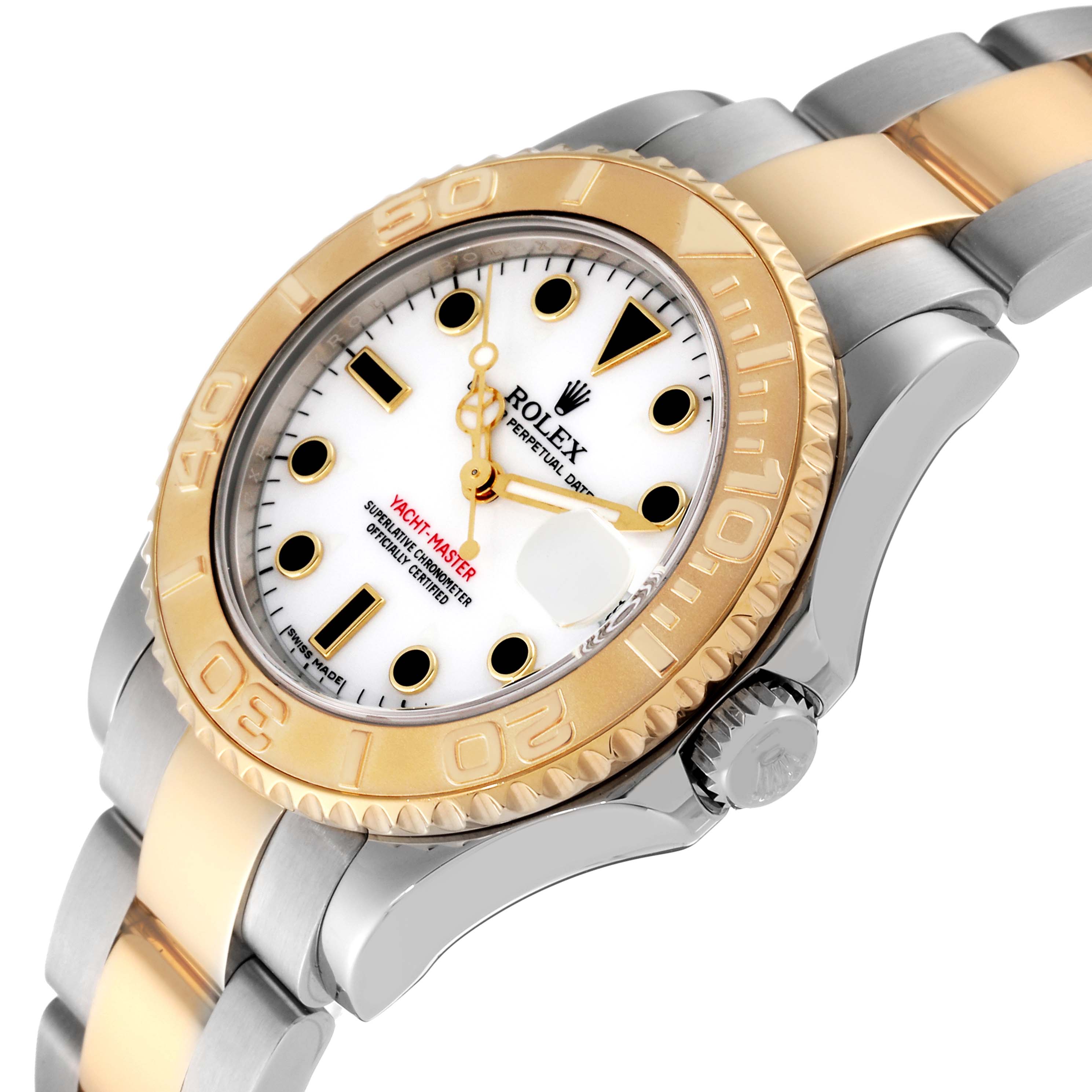 The image shows a close-up angle of a Rolex Yacht-Master 168623 Men's Steel and Gold (two tone) White Dial 168623 Men's Steel and Gold (two tone) White Dial watch, highlighting its bezel, dial, and part of the bracelet.