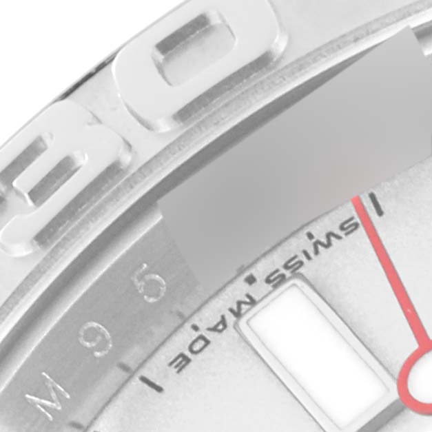 The image shows a close-up view of the Rolex Yacht-Master 16622 Men's Stainless Steel Silver Dial 16622 Men's Stainless Steel Silver Dial watch dial and part of its bezel with 'Swiss Made' visible.