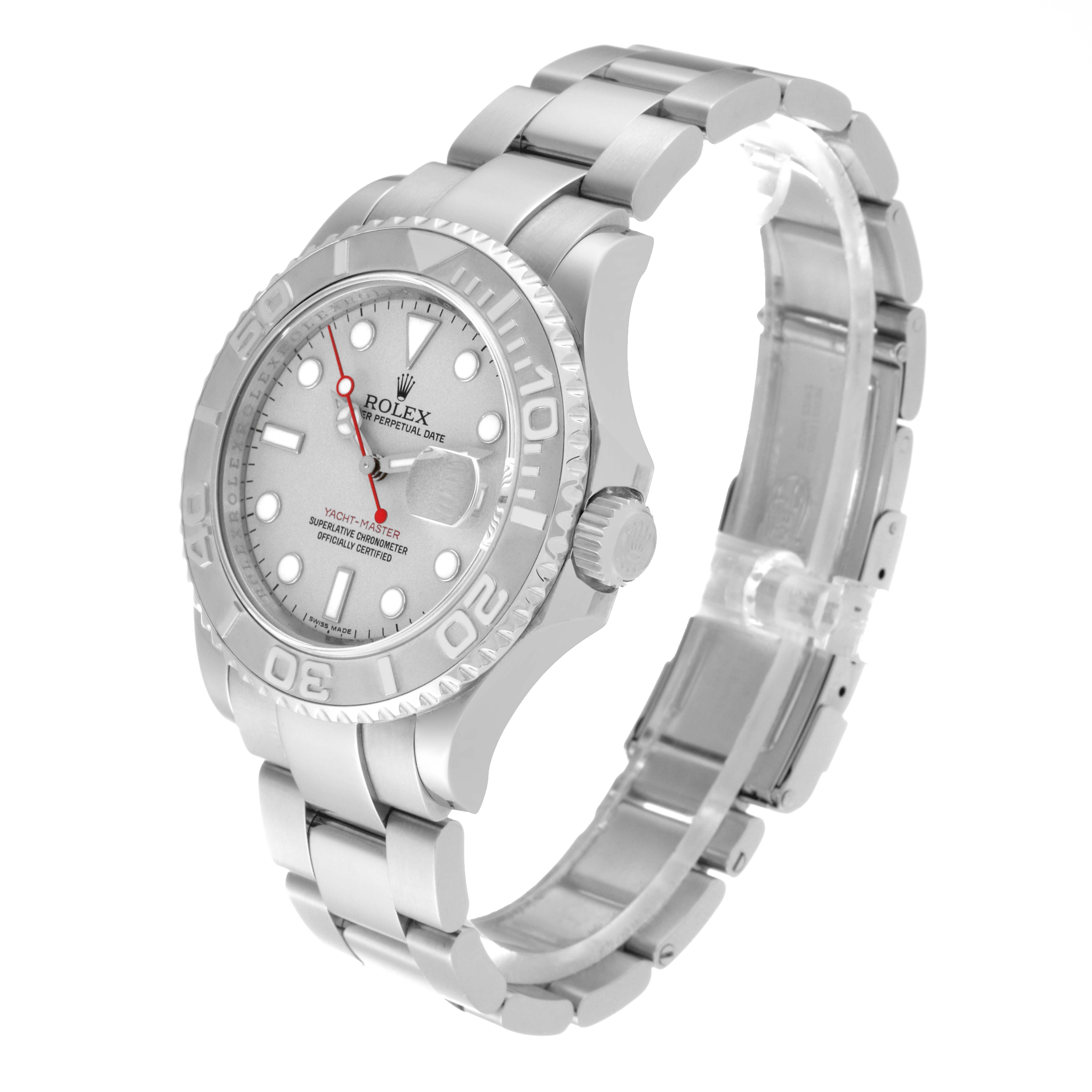 The Rolex Yacht-Master 16622 Men's Stainless Steel Silver Dial 16622 Men's Stainless Steel Silver Dial watch is shown at a three-quarter angle, highlighting the dial, bezel, and bracelet.