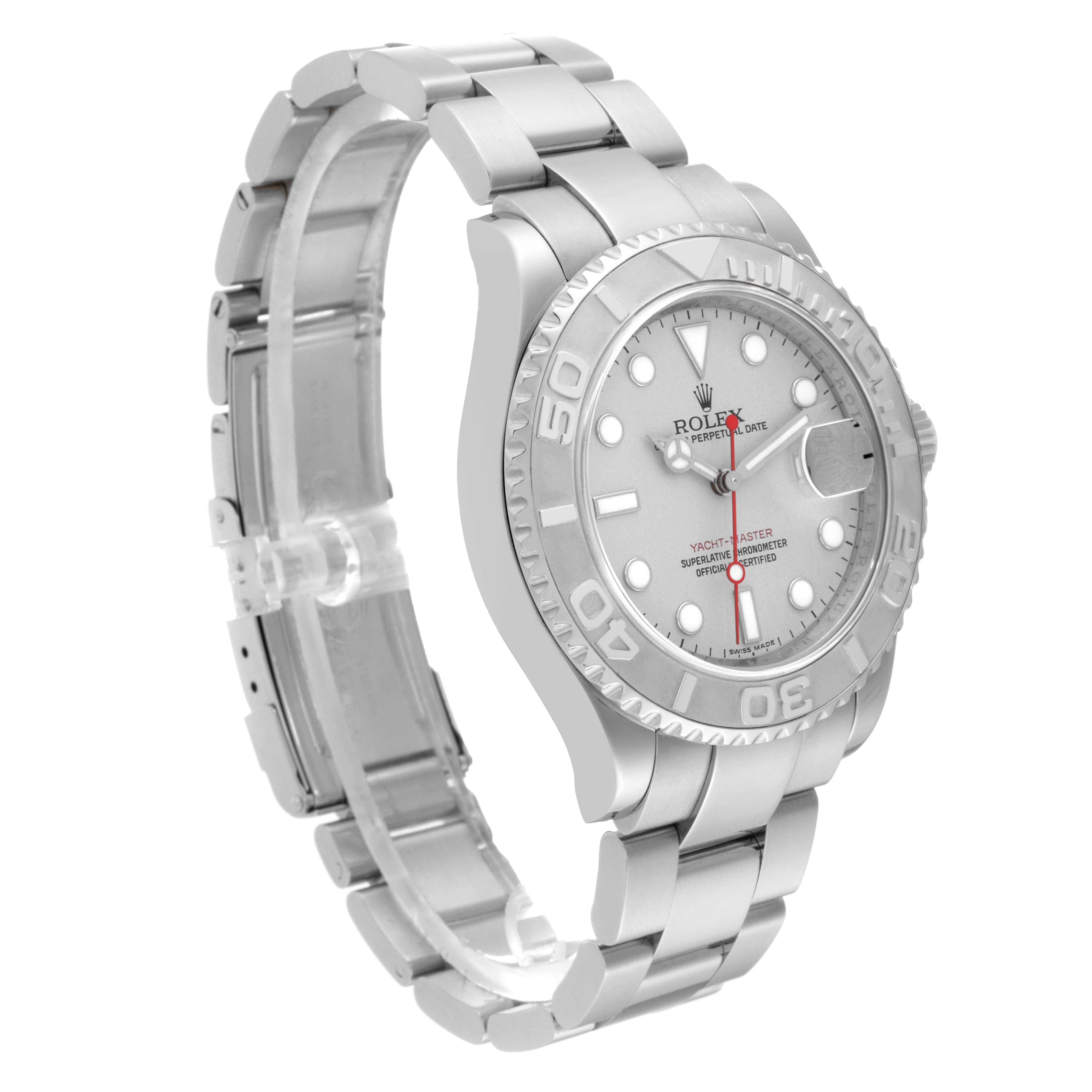 The Rolex Yacht-Master 16622 Men's Stainless Steel Silver Dial 16622 Men's Stainless Steel Silver Dial watch is shown at an angled view displaying the face, bezel, and part of the bracelet.