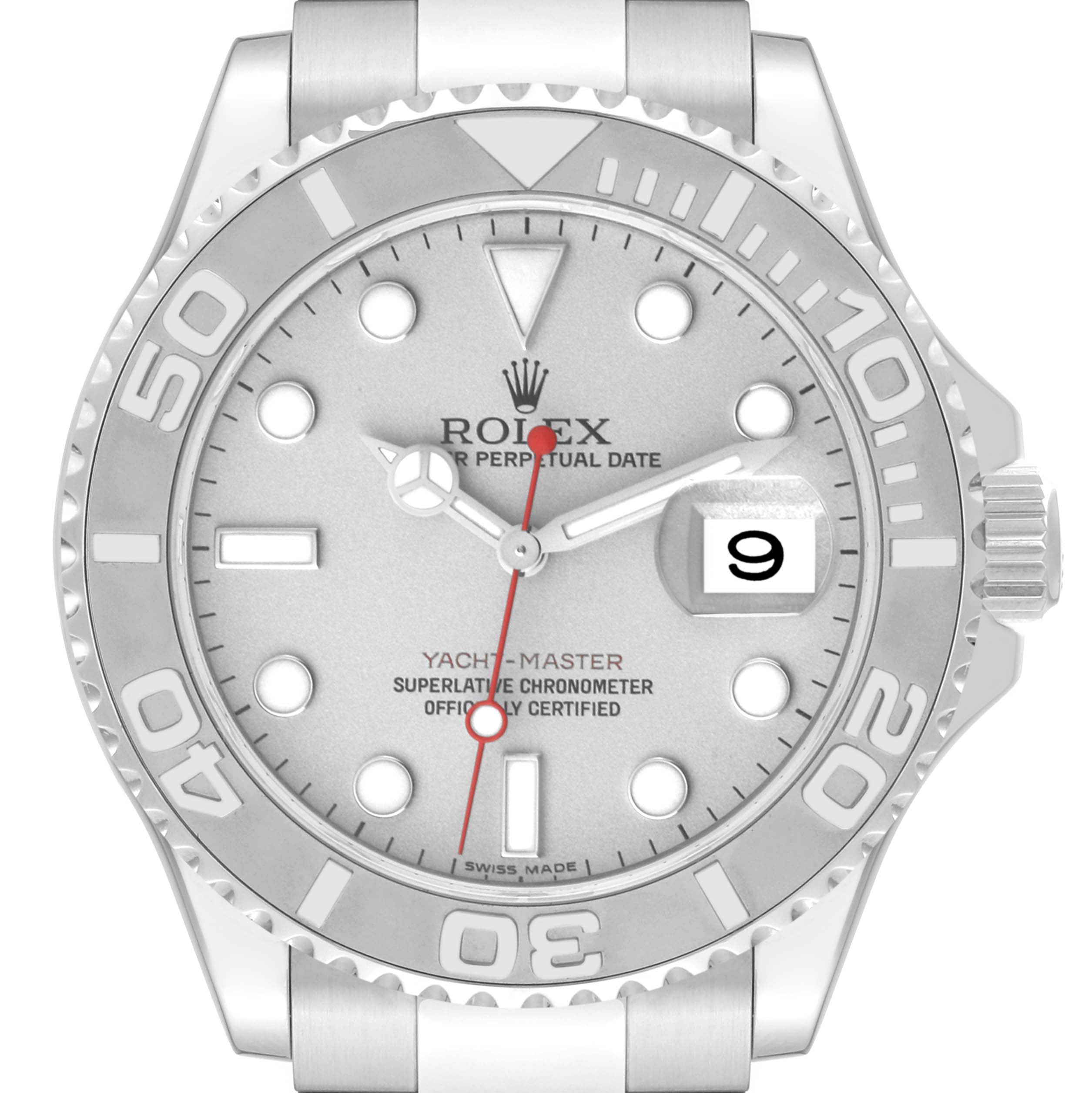 The image shows a front view of the Rolex Yacht-Master 16622 Men's Stainless Steel Silver Dial 16622 Men's Stainless Steel Silver Dial watch, highlighting the dial, bezel, crown, and bracelet.