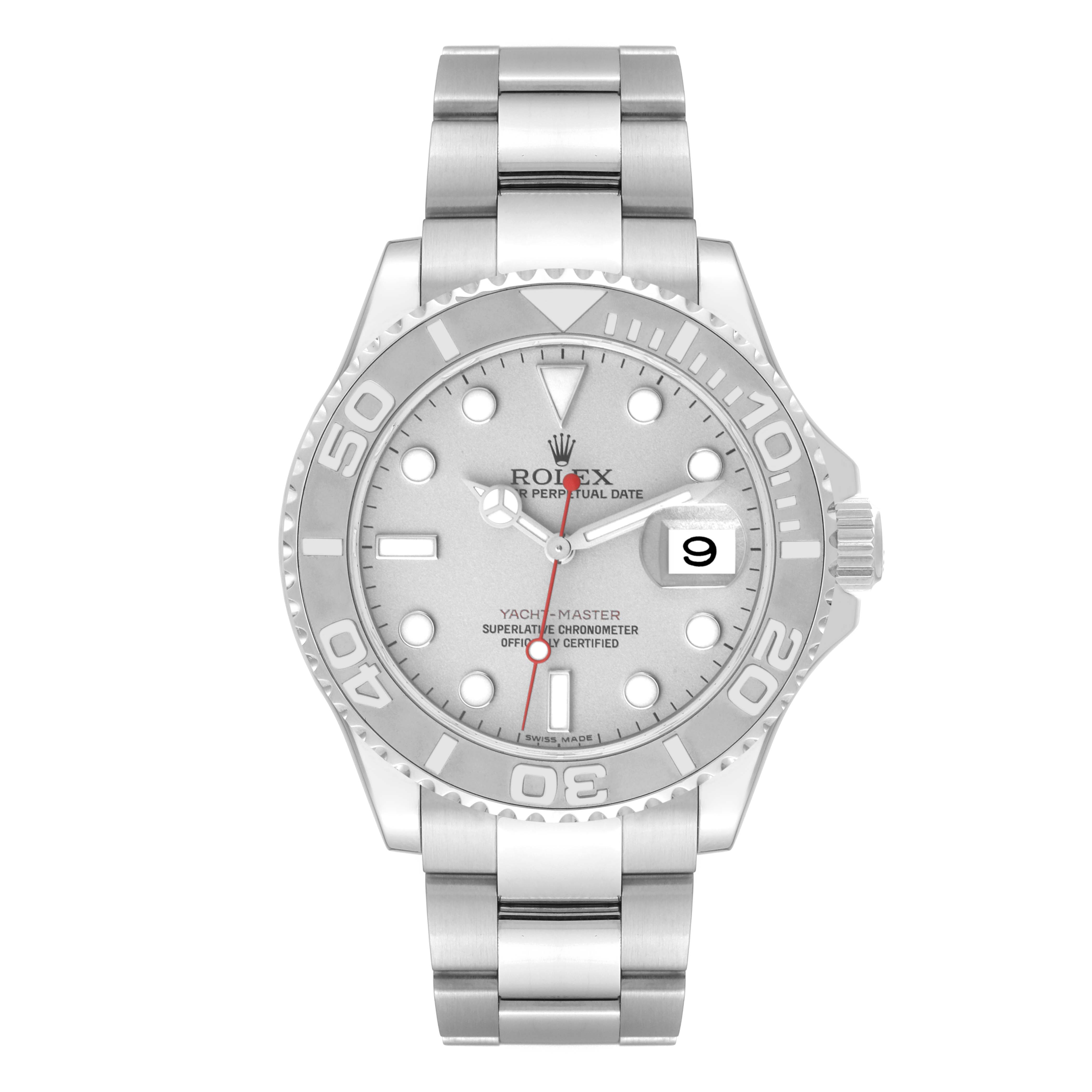 The image shows a front view of a Rolex Yacht-Master 16622 Men's Stainless Steel Silver Dial 16622 Men's Stainless Steel Silver Dial watch, displaying its face, bezel, and bracelet clearly.