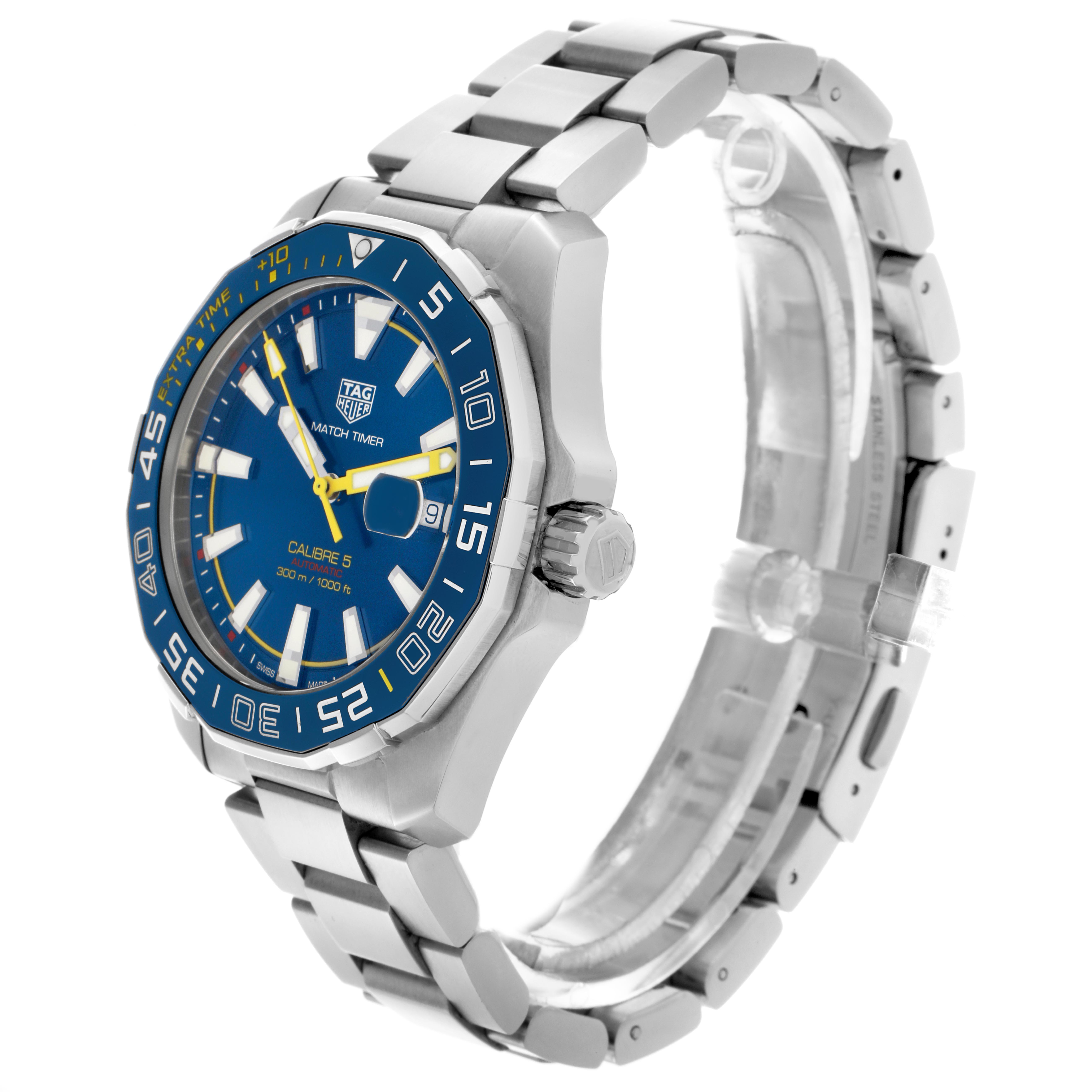 The Tag Heuer Aquaracer WAY201H.BA0927 Men
s Stainless Steel Blue Dial WAY201H.BA0927 Men
s Stainless Steel Blue Dial watch is shown at an angled side view, displaying its blue dial, bezel, and metal bracelet.