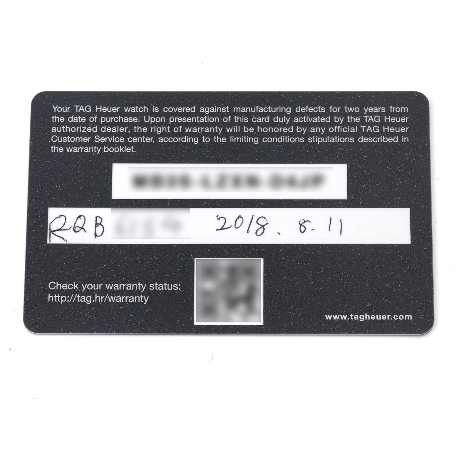 The image shows a warranty card for the Tag Heuer Aquaracer WAY201H.BA0927 Men
s Stainless Steel Blue Dial WAY201H.BA0927 Men
s Stainless Steel Blue Dial, displaying terms and a date.