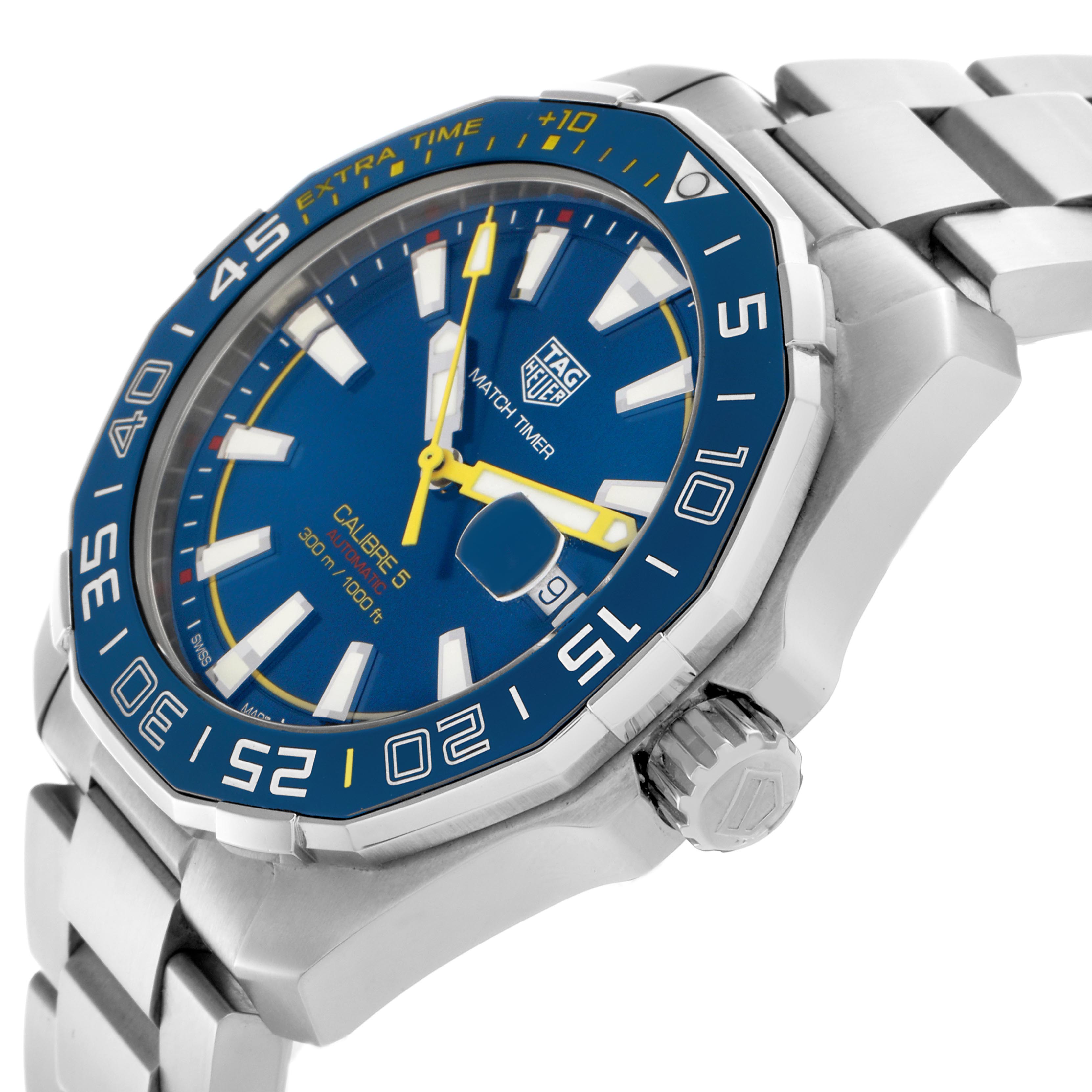 The Tag Heuer Aquaracer WAY201H.BA0927 Men
s Stainless Steel Blue Dial WAY201H.BA0927 Men
s Stainless Steel Blue Dial watch is shown from an angled side view, featuring the bezel, dial, and part of the bracelet.