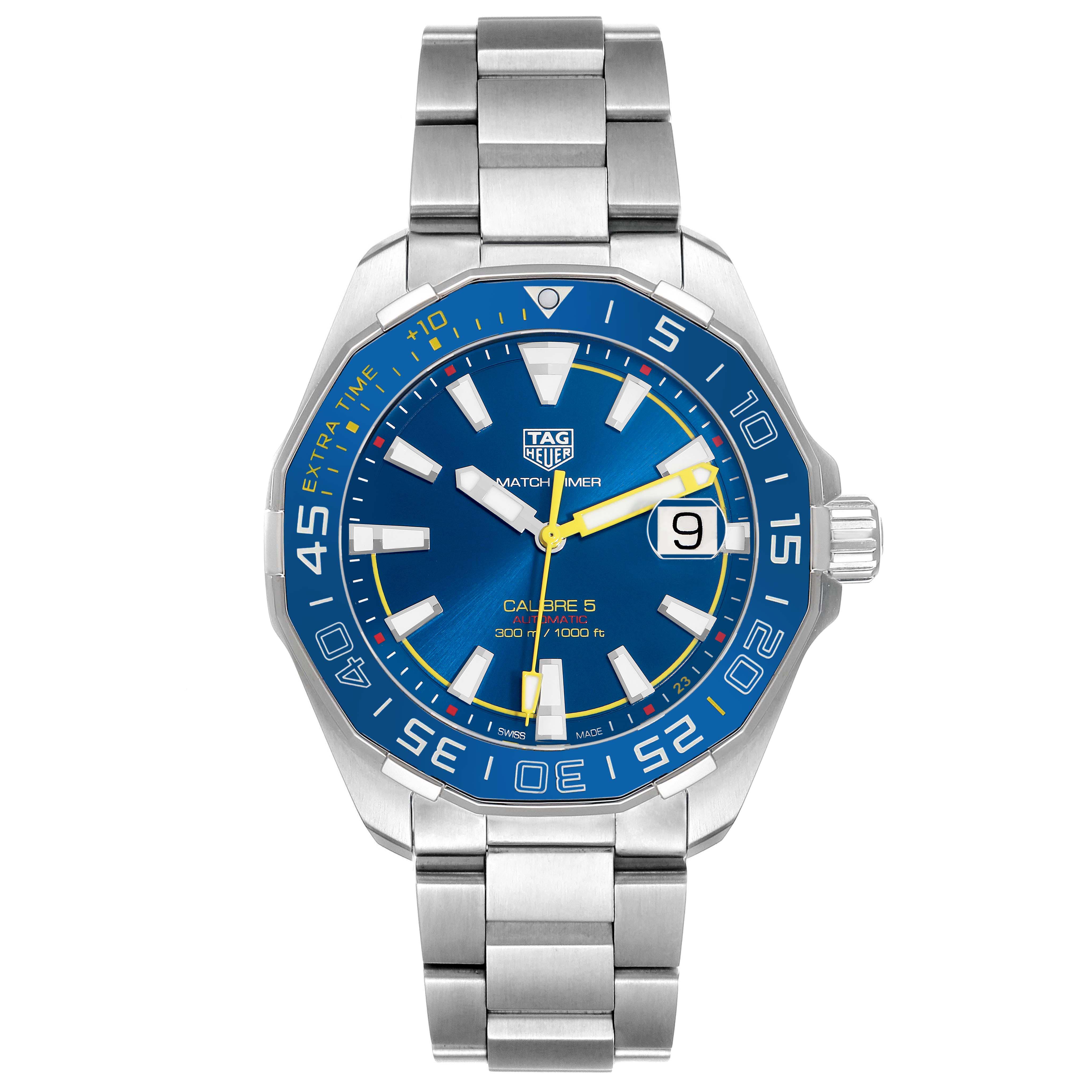 The Tag Heuer Aquaracer WAY201H.BA0927 Men
s Stainless Steel Blue Dial WAY201H.BA0927 Men
s Stainless Steel Blue Dial watch is shown from a top-down angle, displaying its face, bezel, crown, and bracelet.