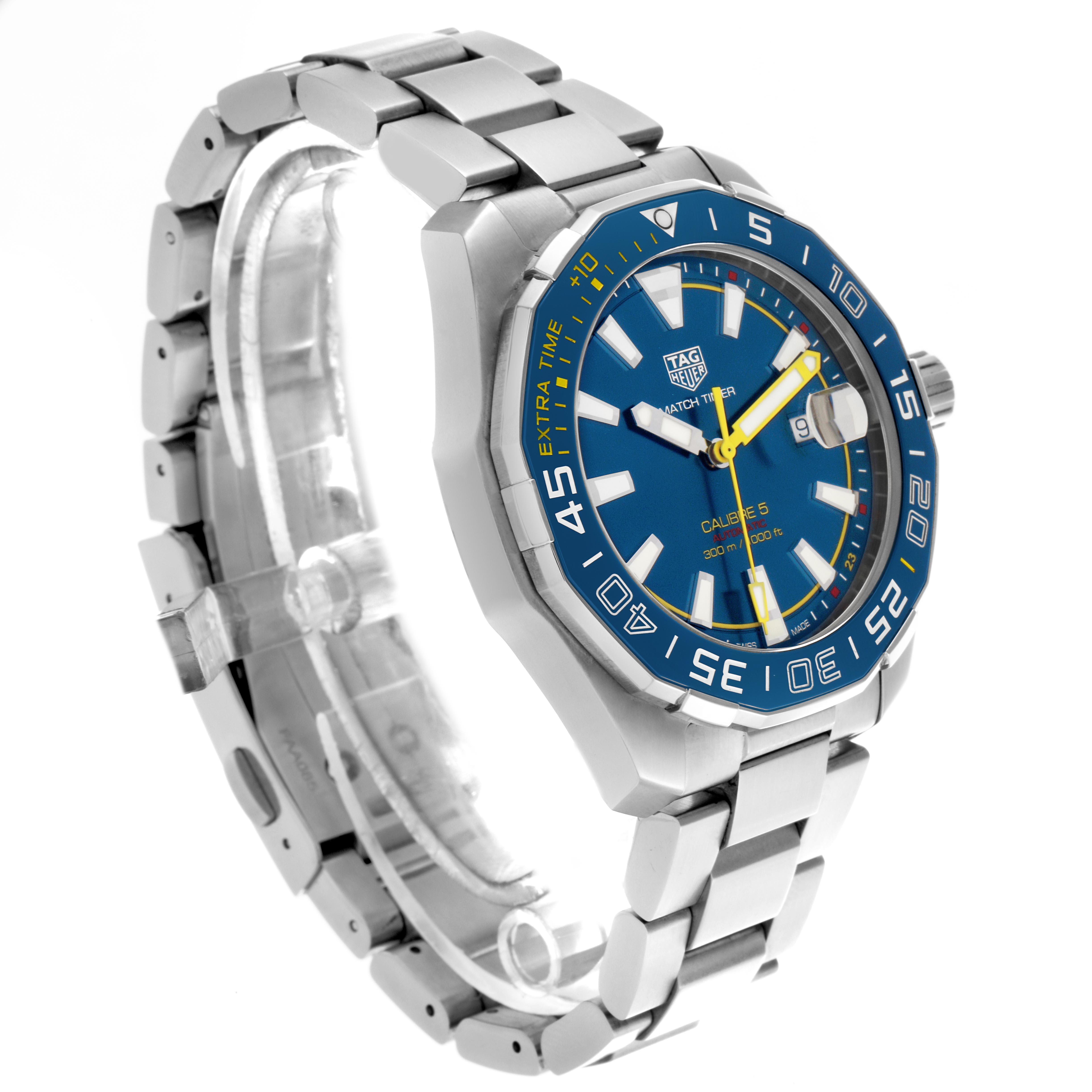 The Tag Heuer Aquaracer WAY201H.BA0927 Men
s Stainless Steel Blue Dial WAY201H.BA0927 Men
s Stainless Steel Blue Dial watch is shown at a three-quarter angle, showcasing the blue dial, bezel, bracelet, and crown.