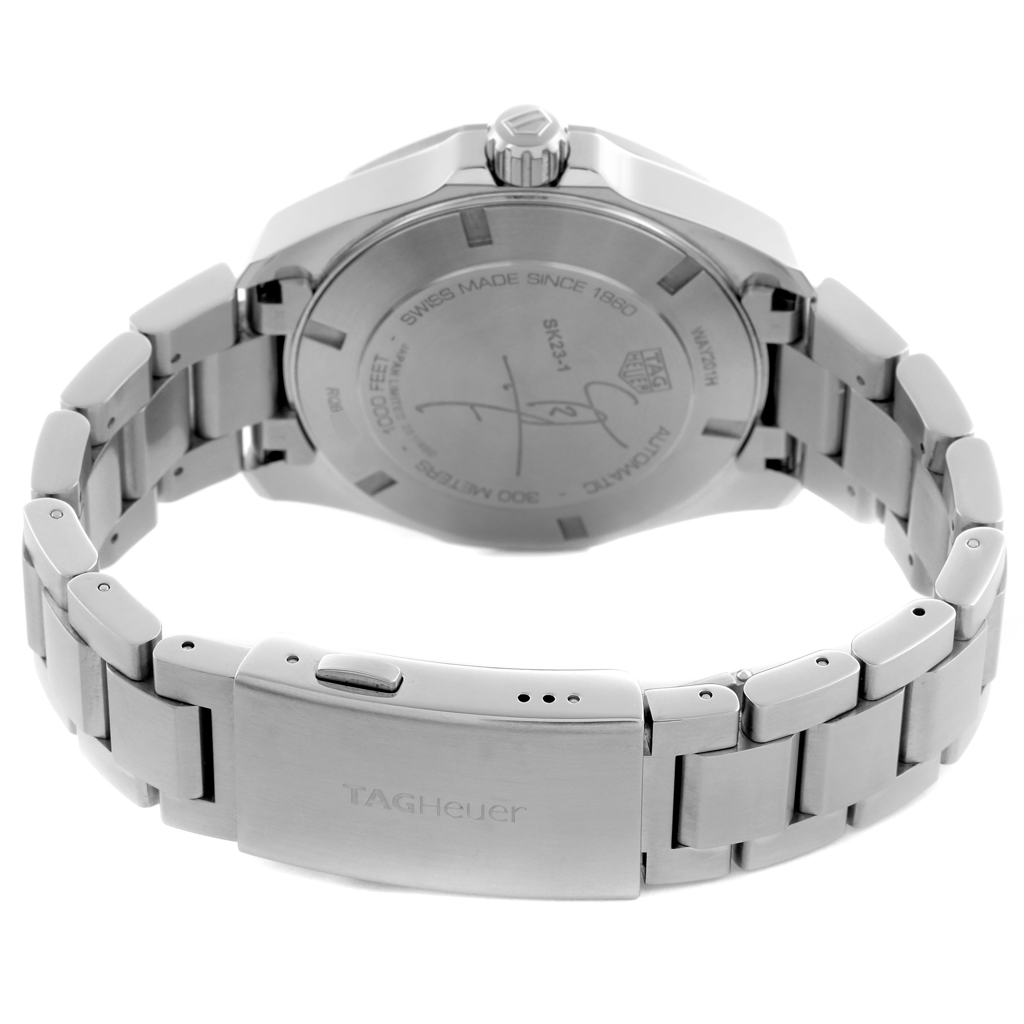 The image shows the back case and bracelet clasp of the Tag Heuer Aquaracer WAY201H.BA0927 Men
s Stainless Steel Blue Dial WAY201H.BA0927 Men
s Stainless Steel Blue Dial watch from a rear angle.