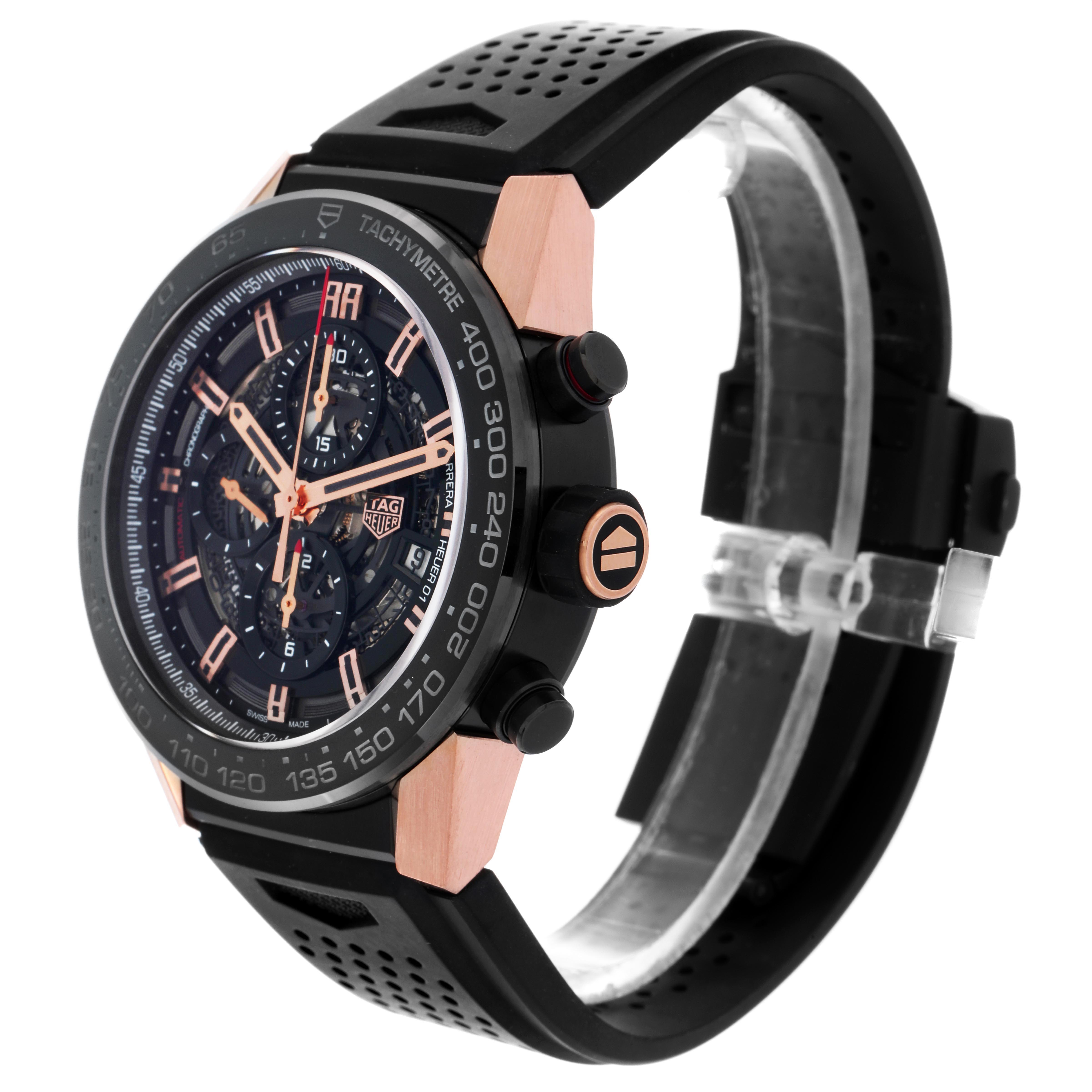 The Tag Heuer Carrera CAR2A5A Men
s Titanium Black Dial CAR2A5A Men
s Titanium Black Dial watch is shown from a front side angle, highlighting the dial, bezel, crown, and part of the strap.