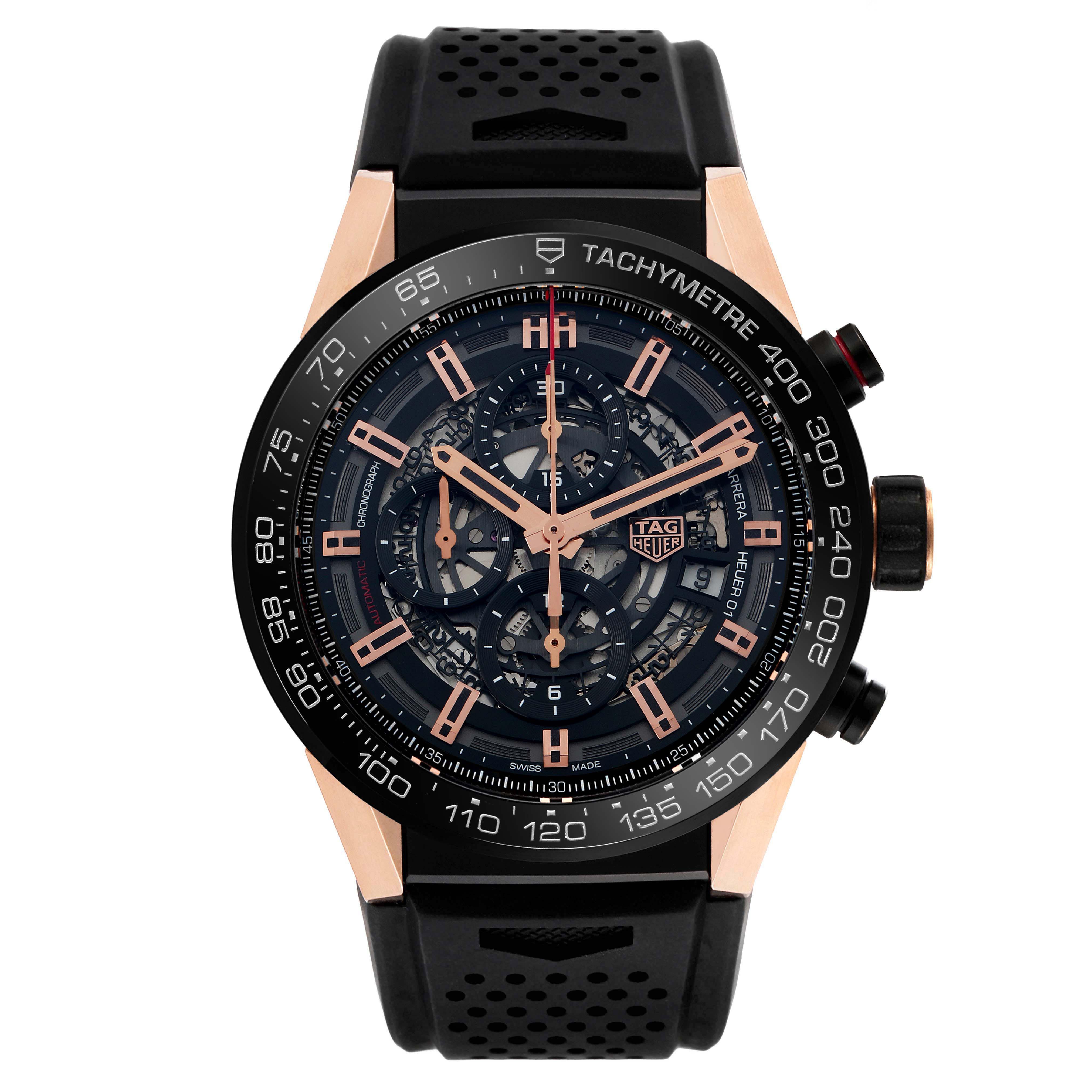 The image shows a frontal view of a Tag Heuer Carrera CAR2A5A Men
s Titanium Black Dial CAR2A5A Men
s Titanium Black Dial watch, highlighting its dial, bezel, hands, and strap.