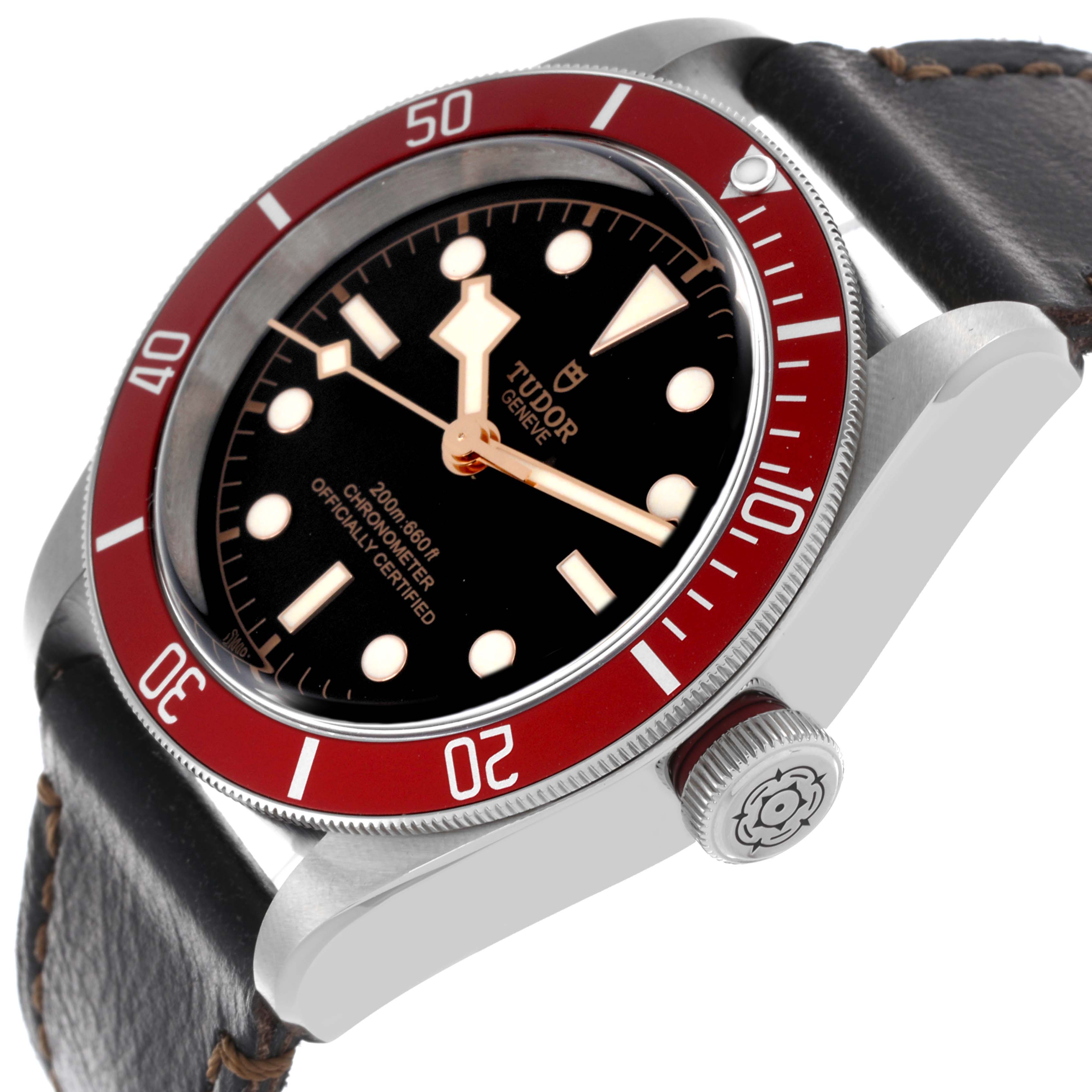 The Tudor Heritage Black Bay 79230R-0011 Men
s Stainless Steel Black Dial 79230R-0011 Men
s Stainless Steel Black Dial watch is shown at a side angle, displaying the bezel, crown, dial, and leather strap.