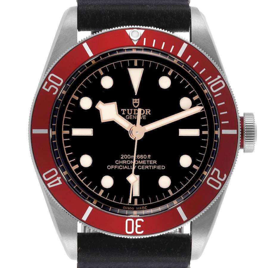 The Tudor Heritage Black Bay watch is shown from a front angle, highlighting the dial, bezel, and crown.