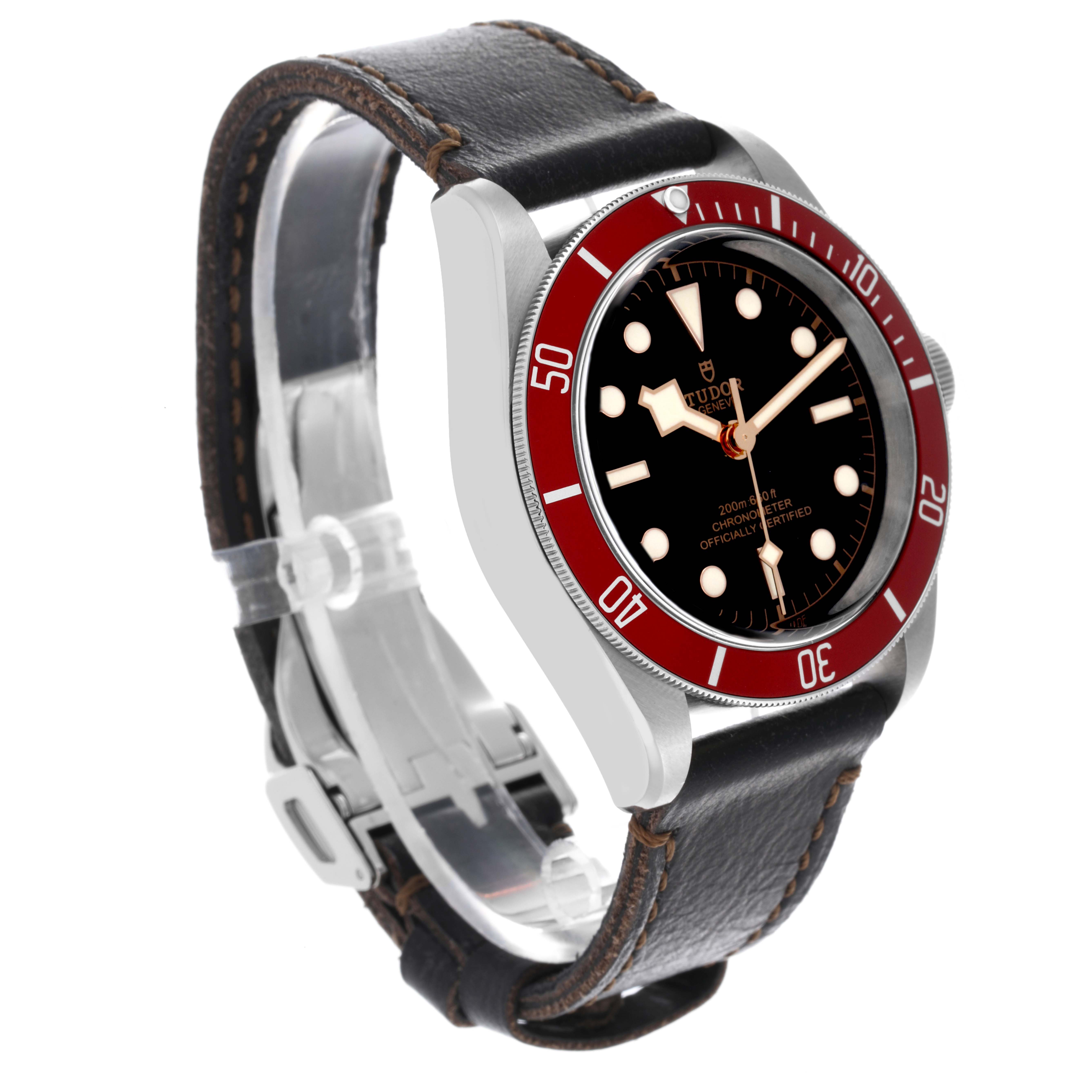 The image shows a Tudor Heritage Black Bay 79230R-0011 Men
s Stainless Steel Black Dial 79230R-0011 Men
s Stainless Steel Black Dial watch at an angled side view, highlighting the bezel, dial, and leather strap.
