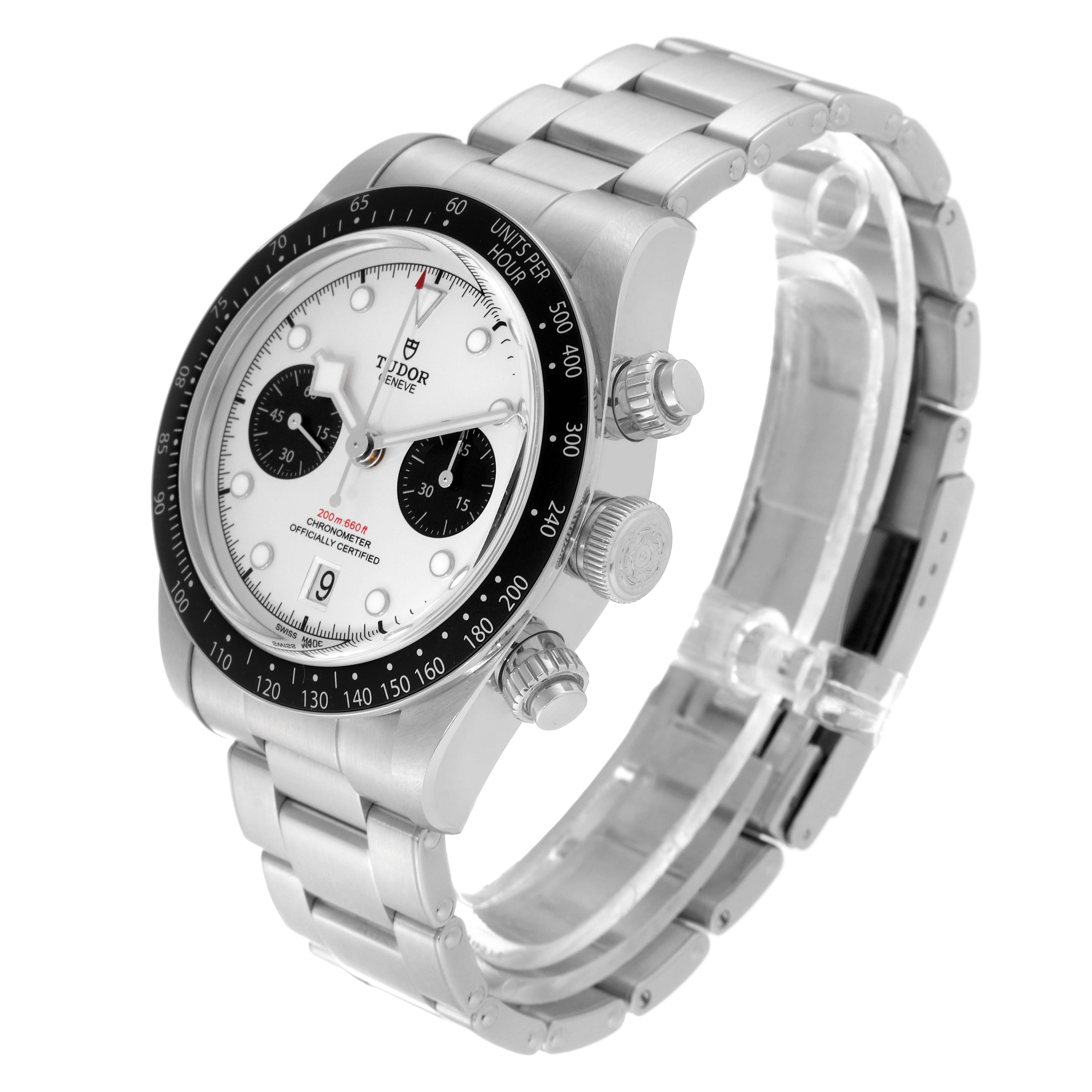 The Tudor Heritage Black Bay 79360N Men's Stainless Steel Silver Dial 79360N Men's Stainless Steel Silver Dial watch is shown at a three-quarter angle, displaying its face, bezel, crown, and metal bracelet.