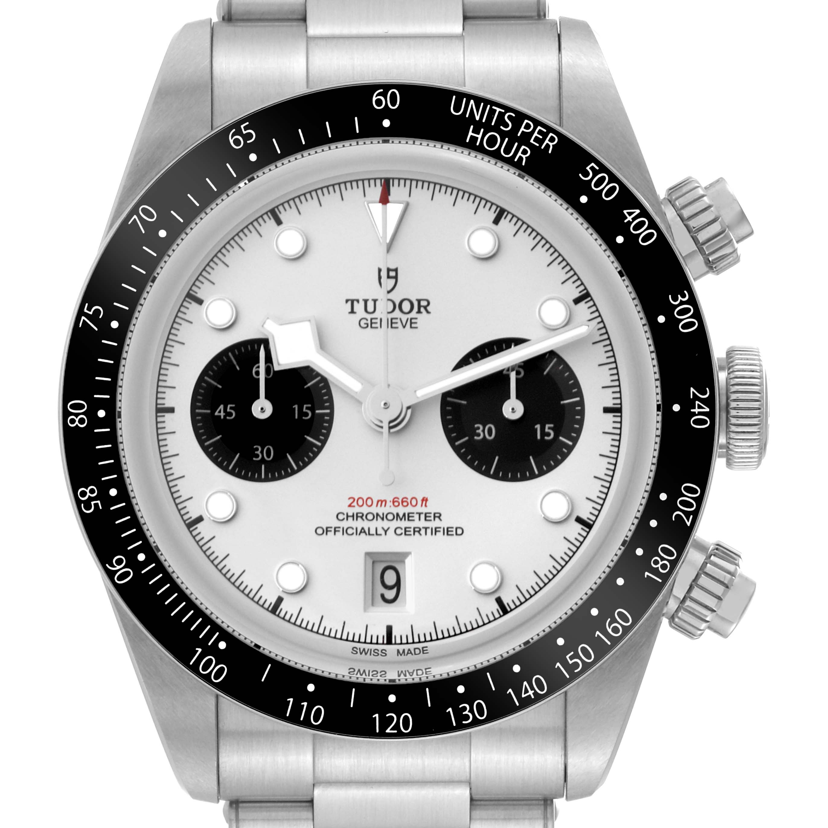 The Tudor Heritage Black Bay 79360N Men's Stainless Steel Silver Dial 79360N Men's Stainless Steel Silver Dial watch is shown from a straight-on angle, highlighting the dial, bezel, and part of the bracelet.