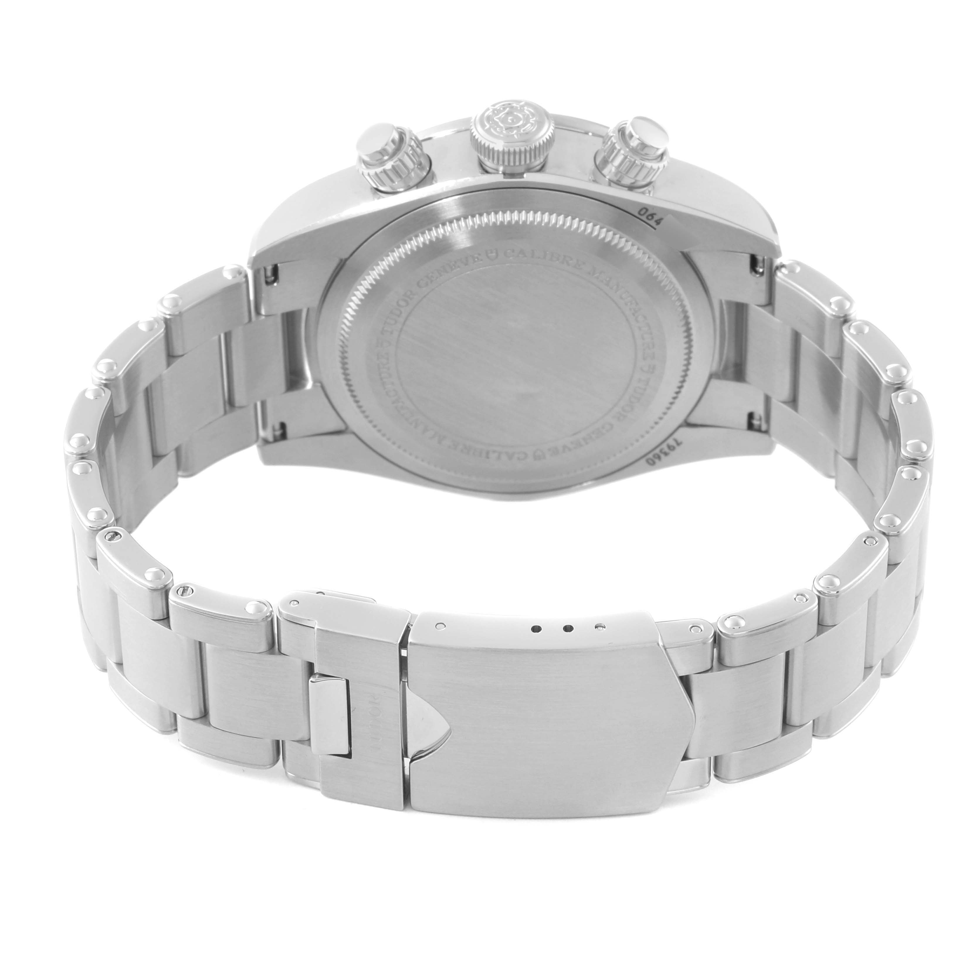 The image shows the back case and bracelet of the Tudor Heritage Black Bay 79360N Men's Stainless Steel Silver Dial 79360N Men's Stainless Steel Silver Dial watch, viewed from the rear angle.