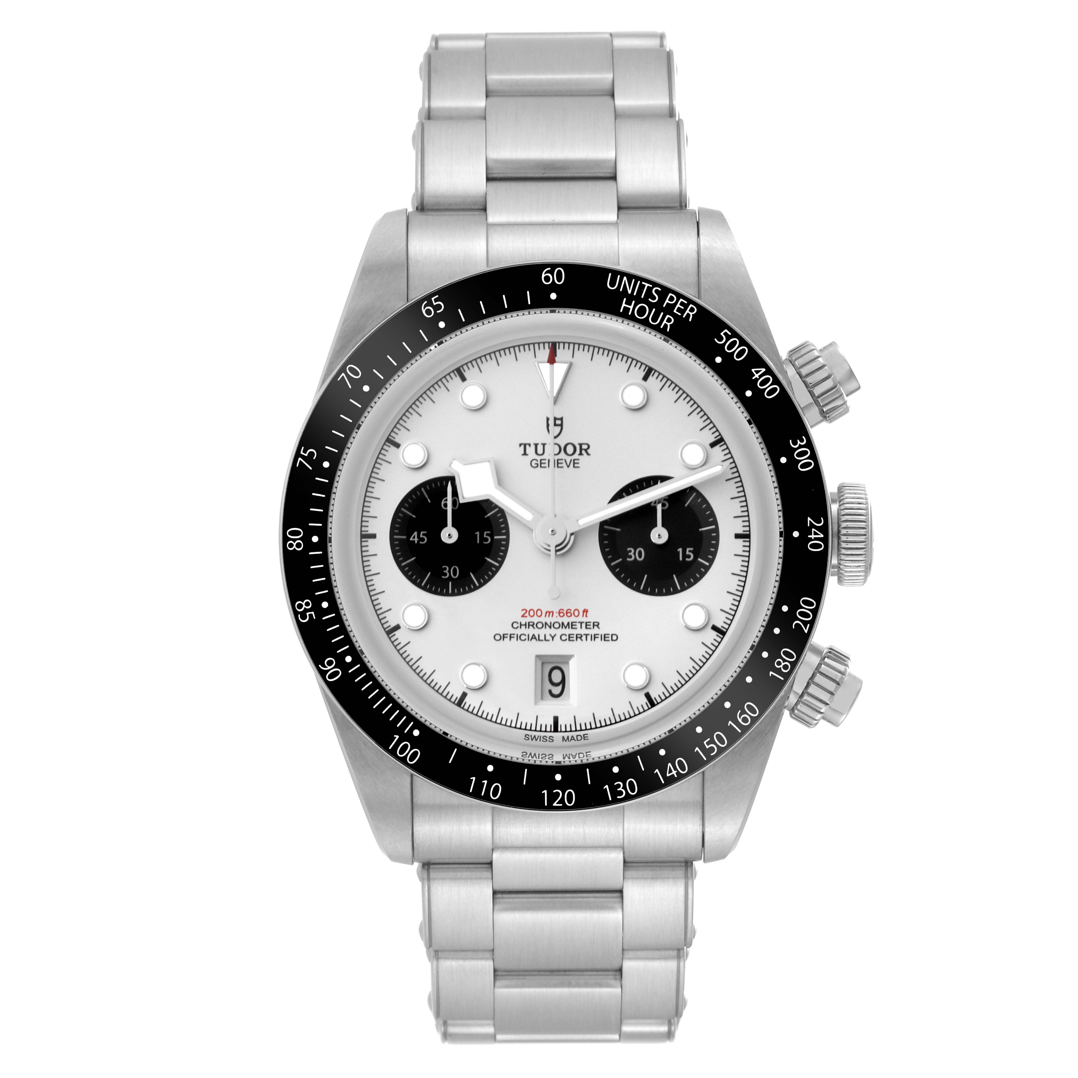 The image shows a front view of the Tudor Heritage Black Bay 79360N Men's Stainless Steel Silver Dial 79360N Men's Stainless Steel Silver Dial watch, highlighting its bezel, dial, and metal bracelet.