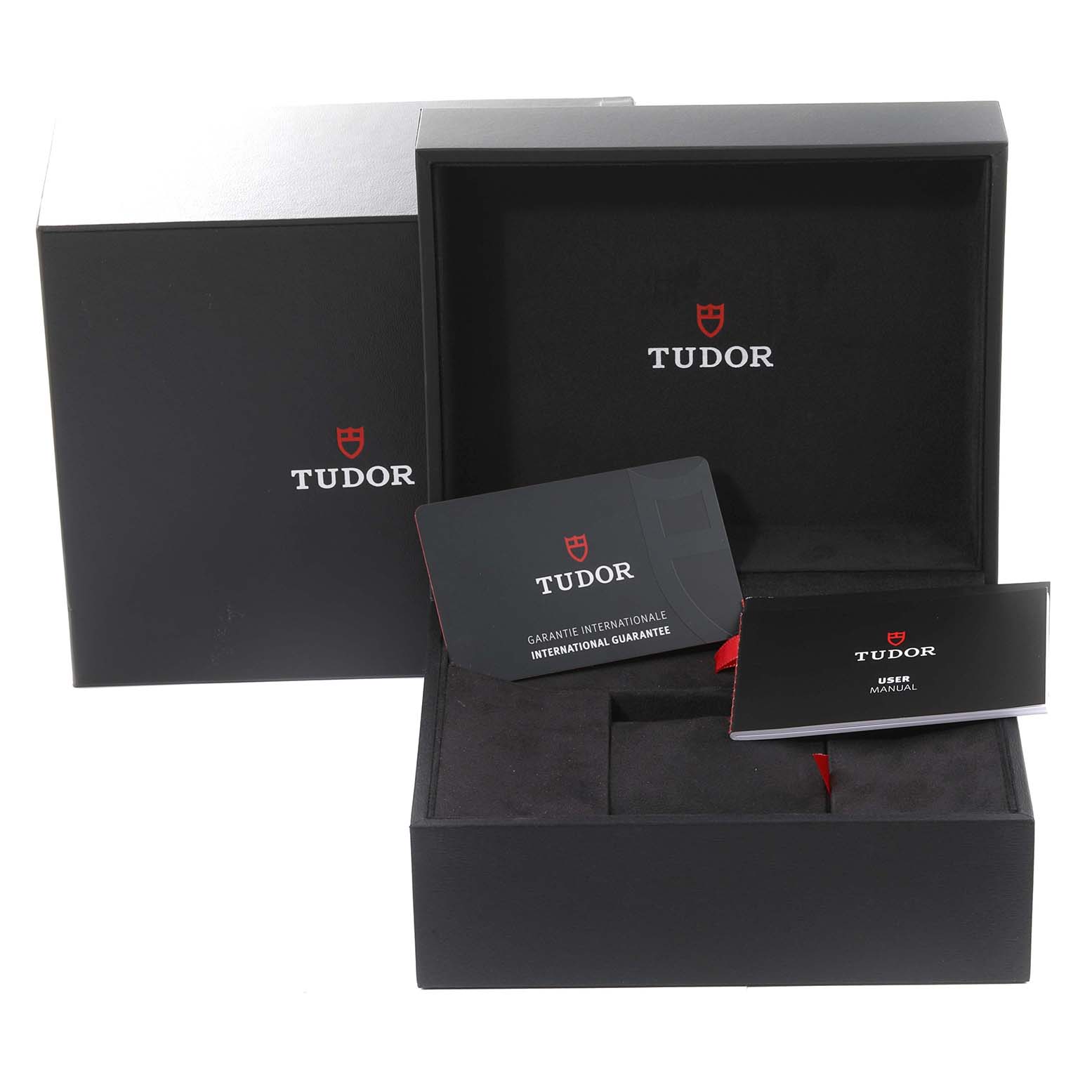 The image shows the Tudor Heritage Black Bay 79360N Men's Stainless Steel Silver Dial 79360N Men's Stainless Steel Silver Dial watch packaging, including the box, warranty card, and user manual.
