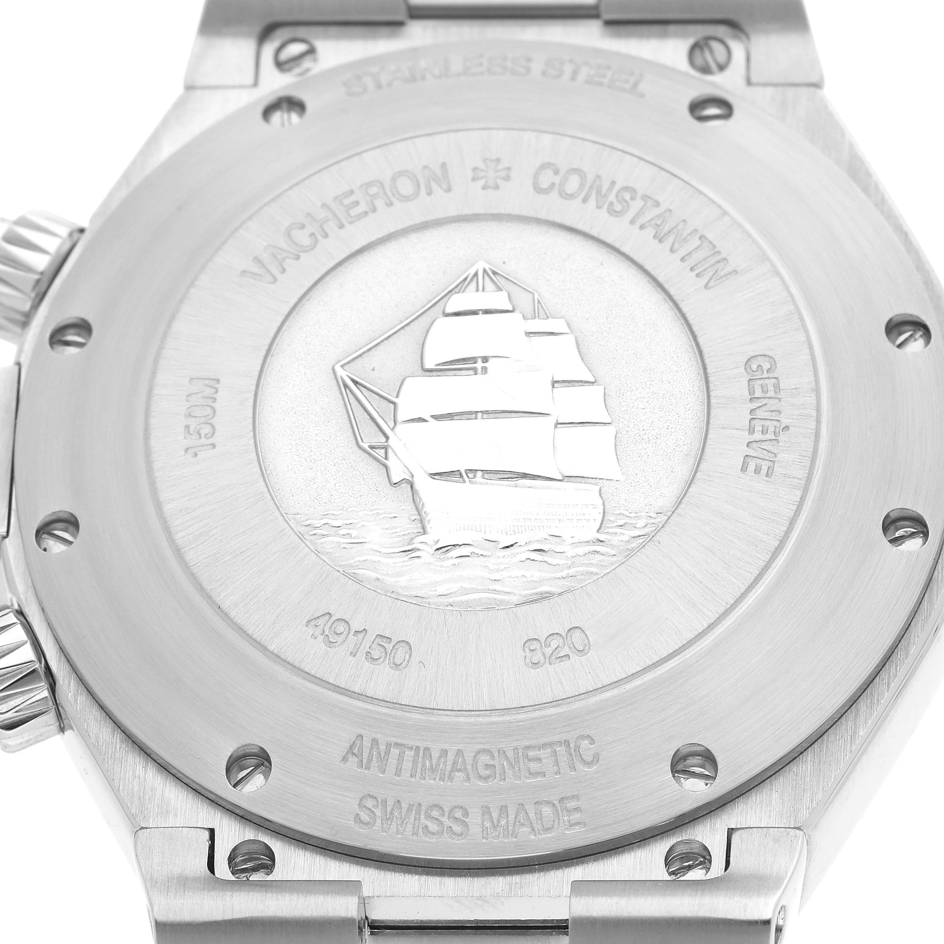 The image shows the rear case of an Overseas model watch by Vacheron Constantin, highlighting its engraving and specifications.