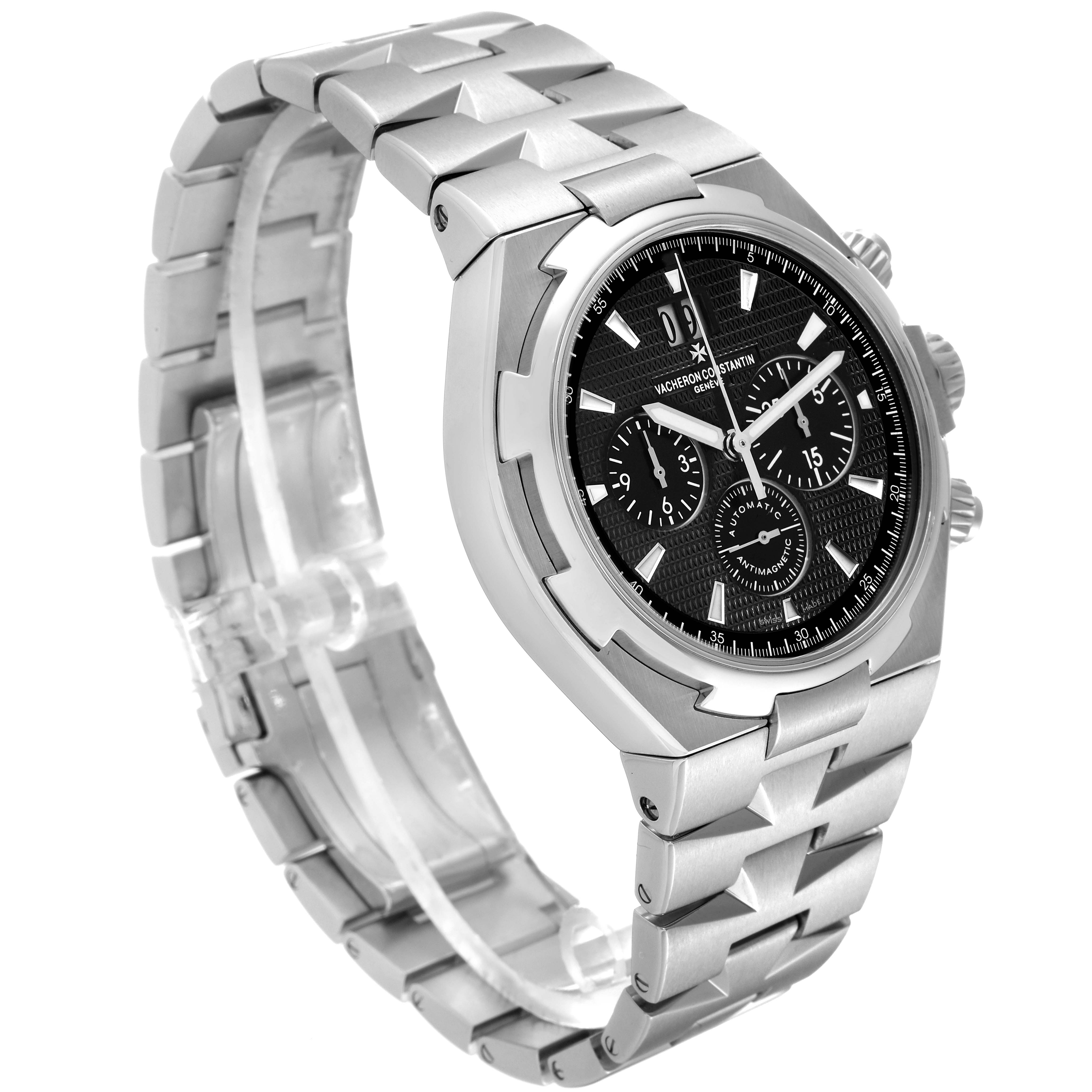 The Vacheron Constantin Overseas 49150/B01A Men's Stainless Steel Black Dial 49150/B01A Men's Stainless Steel Black Dial watch is shown from a three-quarter angle, highlighting the bracelet, bezel, and black dial.