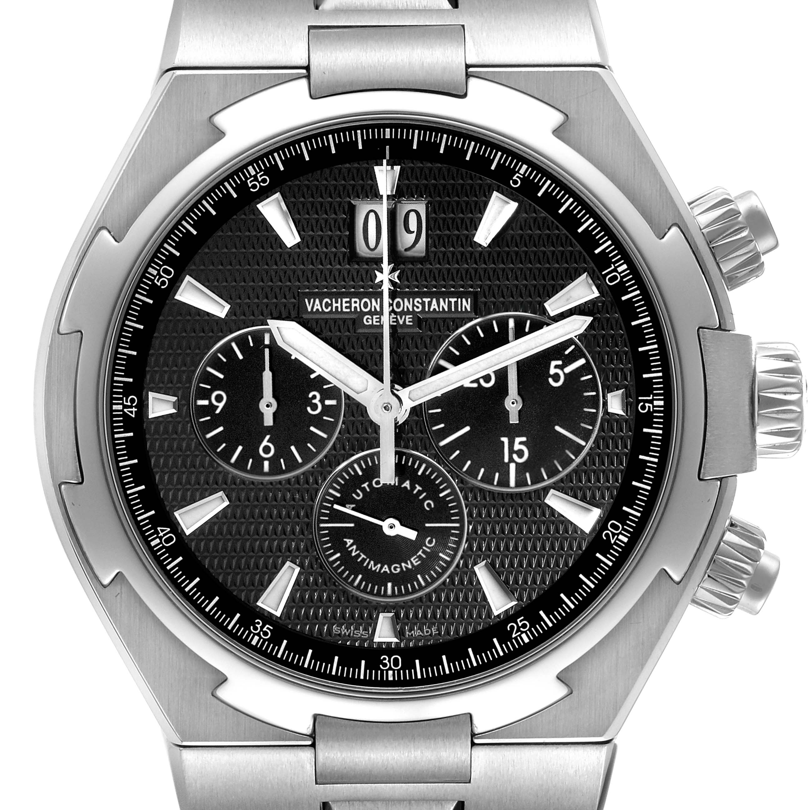 This is a close-up view of the Vacheron Constantin Overseas 49150/B01A Men's Stainless Steel Black Dial 49150/B01A Men's Stainless Steel Black Dial model watch, showing the dial, bezel, crown, and chronograph subdials.