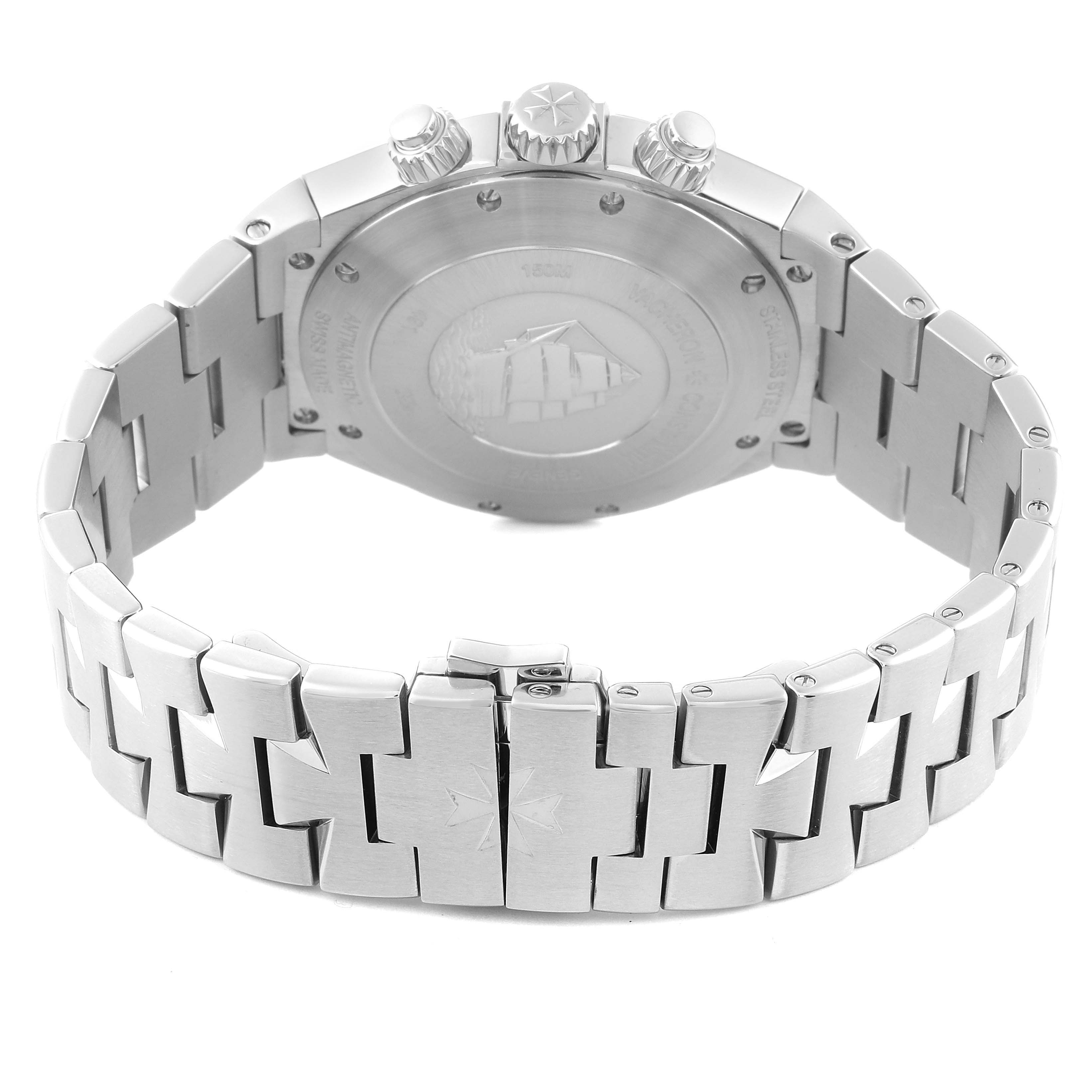 The image shows the rear view of the Vacheron Constantin Overseas 49150/B01A Men's Stainless Steel Black Dial 49150/B01A Men's Stainless Steel Black Dial model, displaying its case back and metal bracelet.