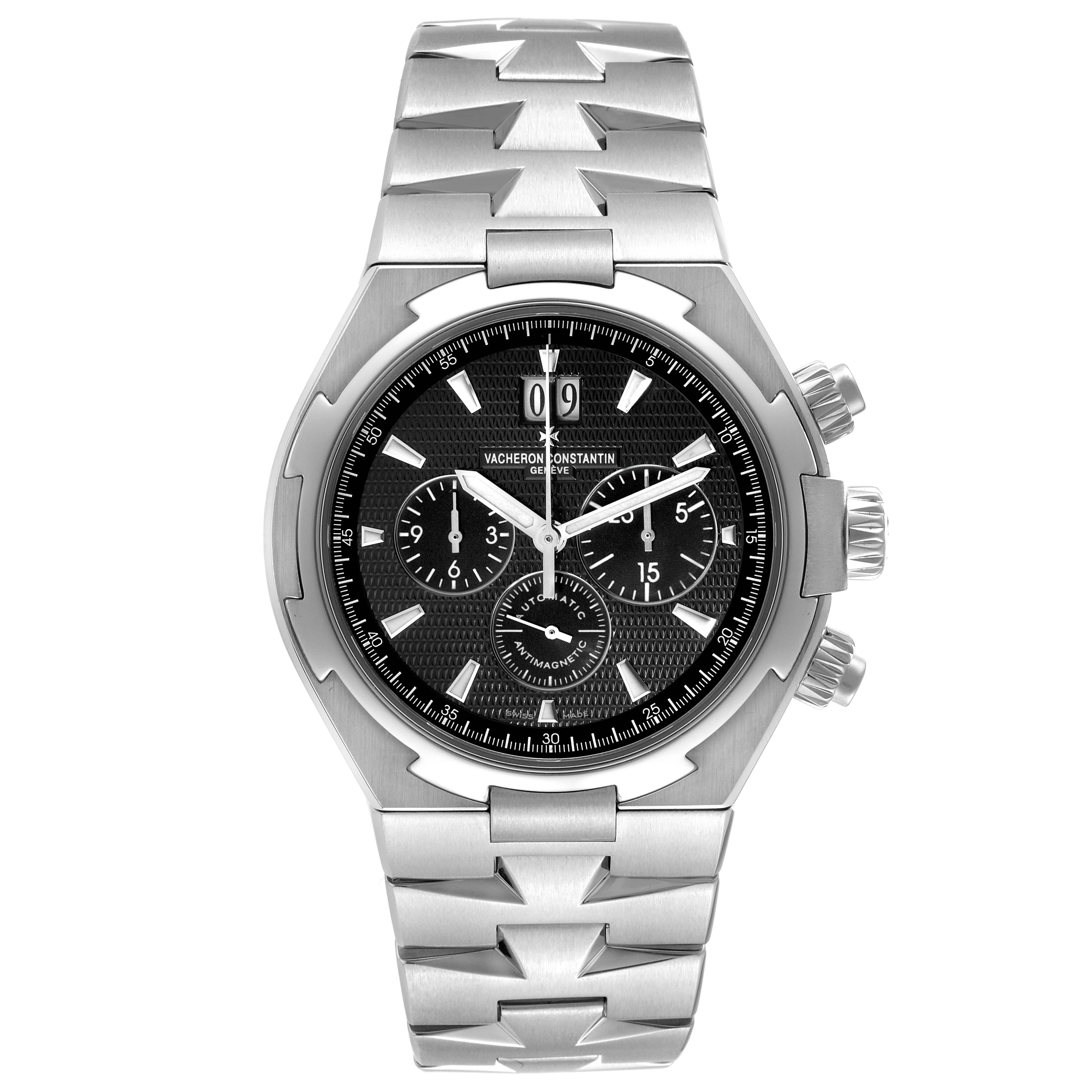 The image shows a front view of the Vacheron Constantin Overseas 49150/B01A Men's Stainless Steel Black Dial 49150/B01A Men's Stainless Steel Black Dial watch, highlighting its dial, bezel, and stainless steel bracelet.