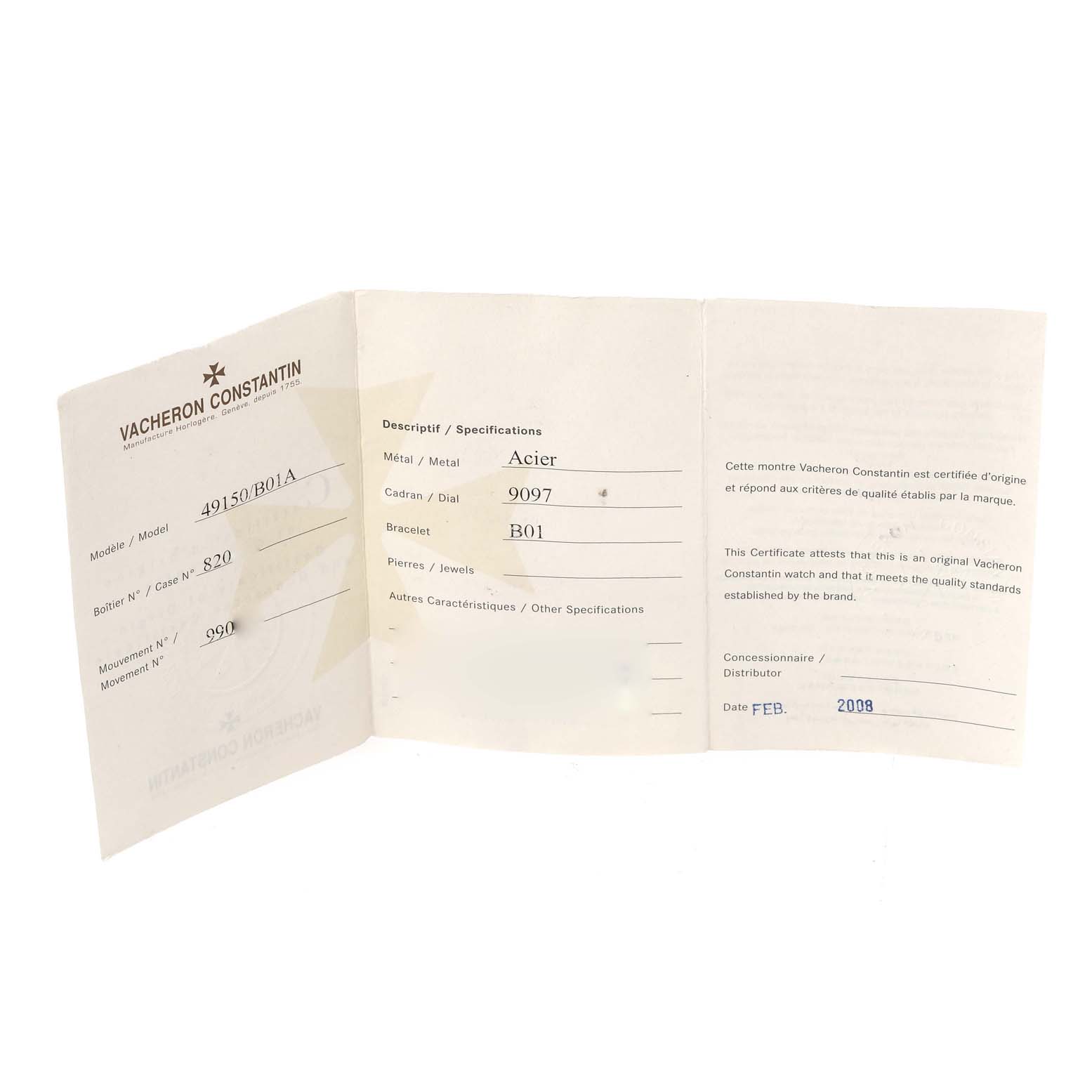 This image shows the certification and specifications booklet for the Vacheron Constantin Overseas 49150/B01A Men's Stainless Steel Black Dial 49150/B01A Men's Stainless Steel Black Dial model watch.