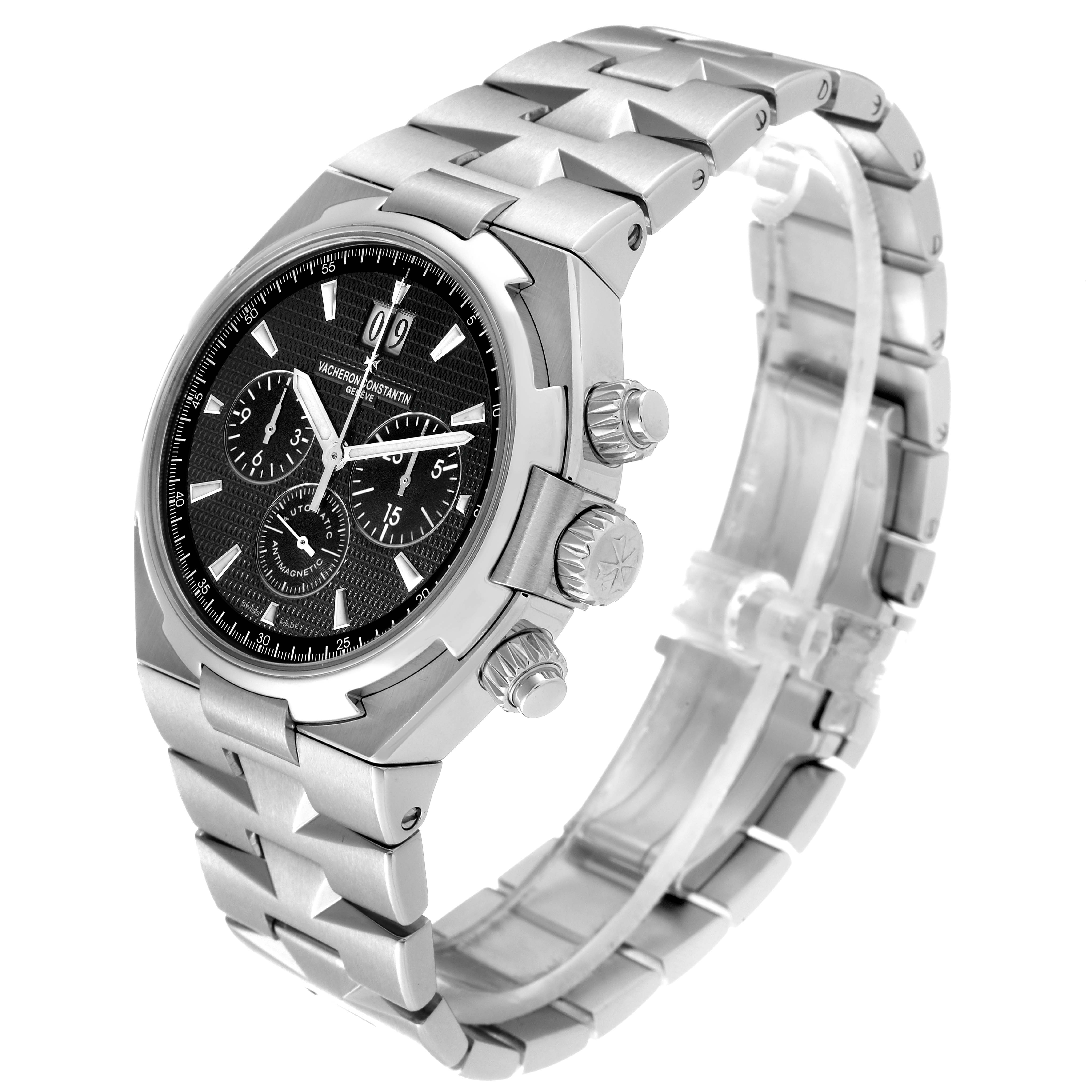 This image shows a side view of the Vacheron Constantin Overseas 49150/B01A Men's Stainless Steel Black Dial 49150/B01A Men's Stainless Steel Black Dial watch, highlighting its bracelet, crown, and chronograph dials.