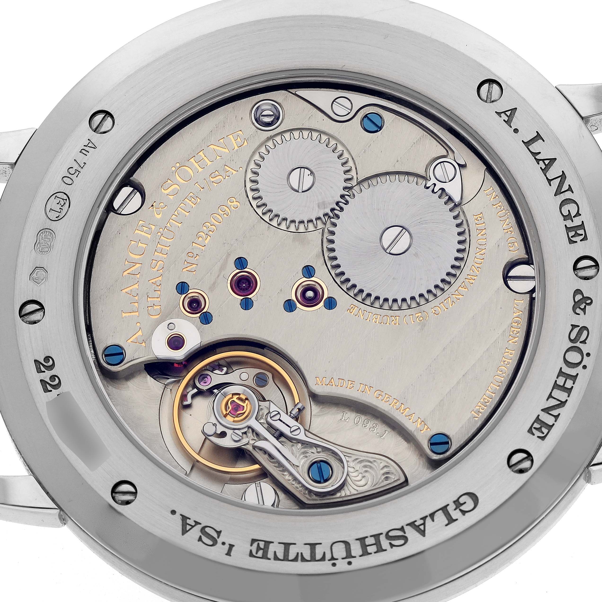 The image shows the back casing of the A. Lange 
Sohne Saxonia 211.027 Men
s White Gold Silver Dial watch, highlighting its intricate mechanical movement.