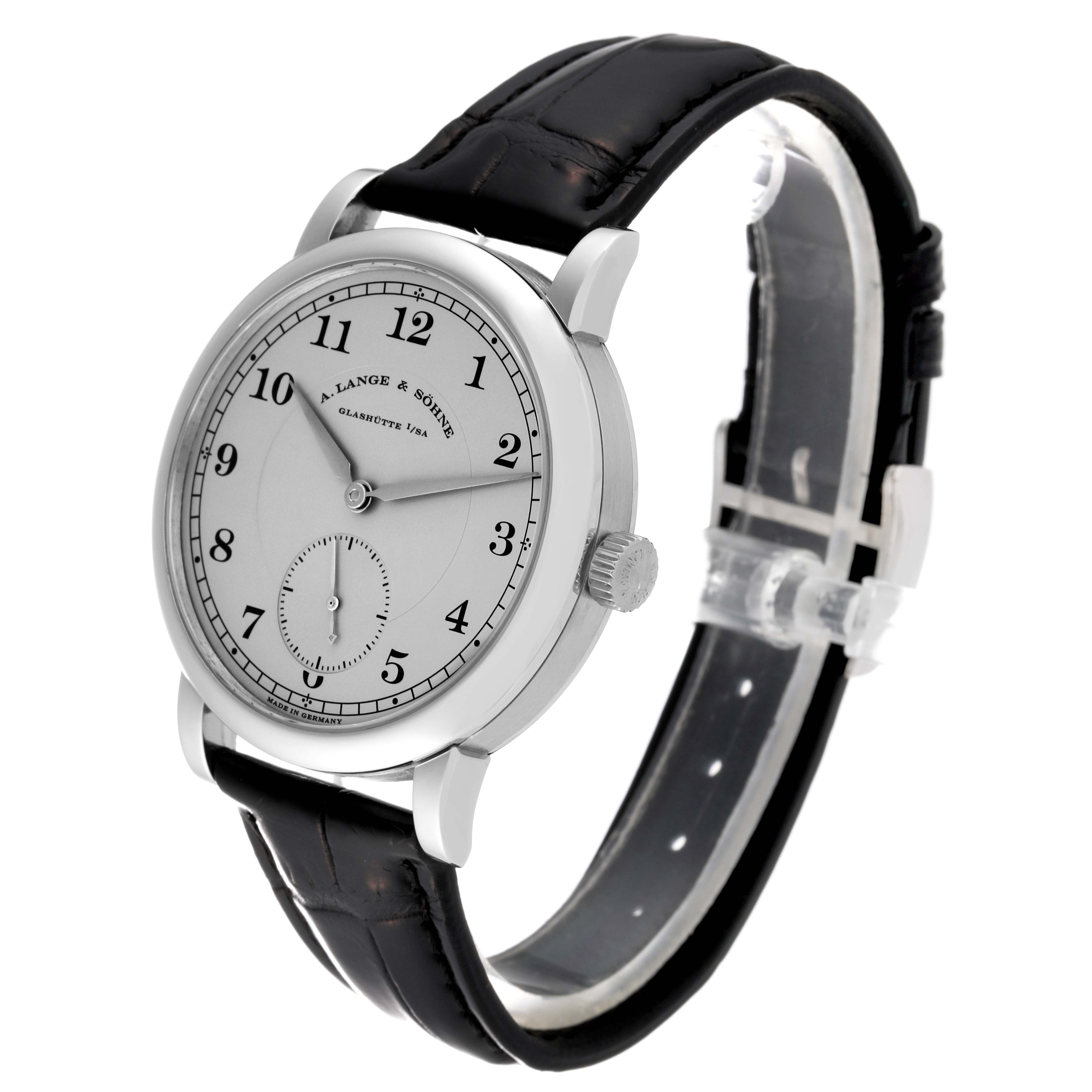 This image shows a side angle view of the A. Lange & Sohne 1815 233.025 Men's Platinum Silver Dial watch, highlighting the face, crown, and black leather strap.