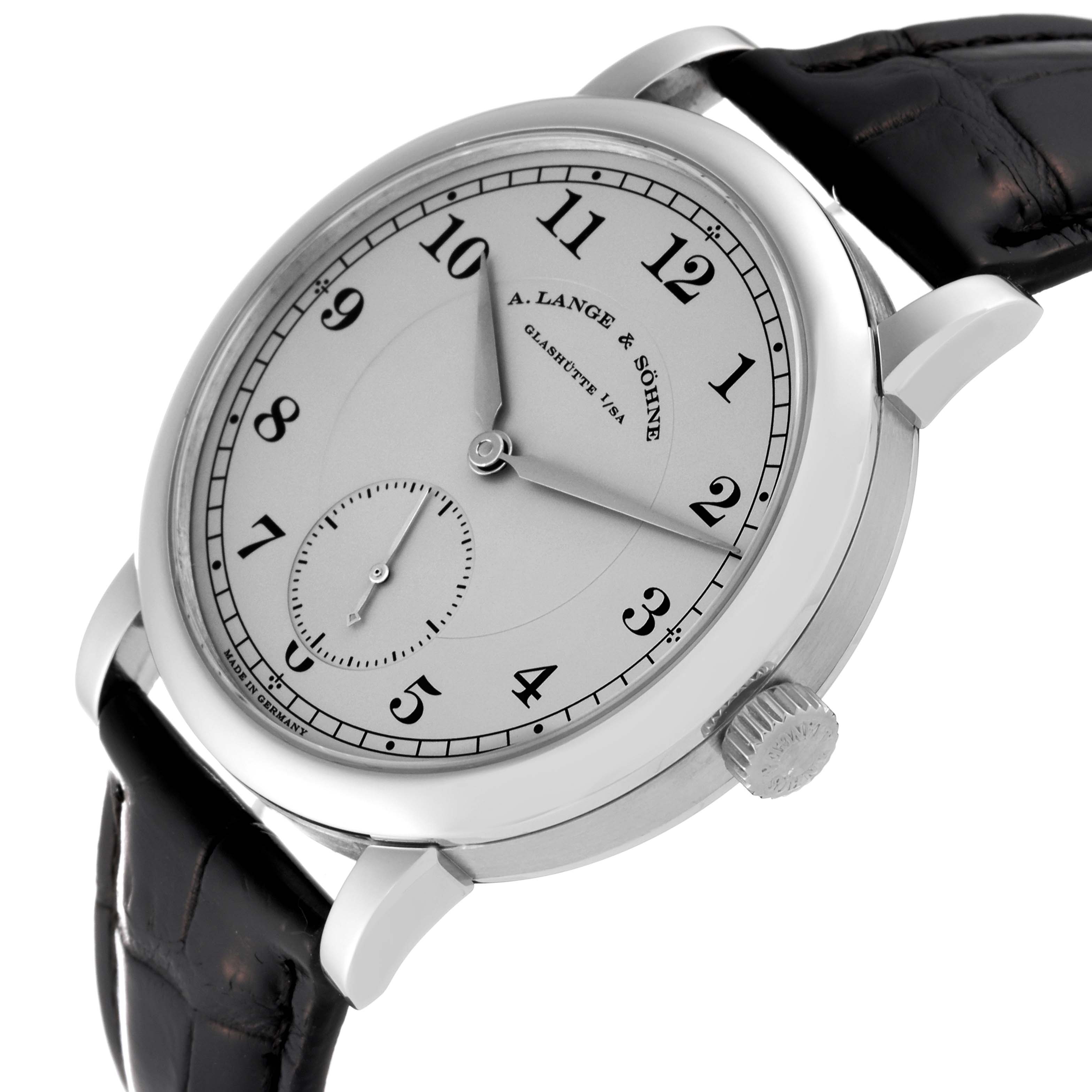 The A. Lange & Sohne 1815 233.025 Men's Platinum Silver Dial watch is shown at a side angle, highlighting its dial, crown, and leather strap.