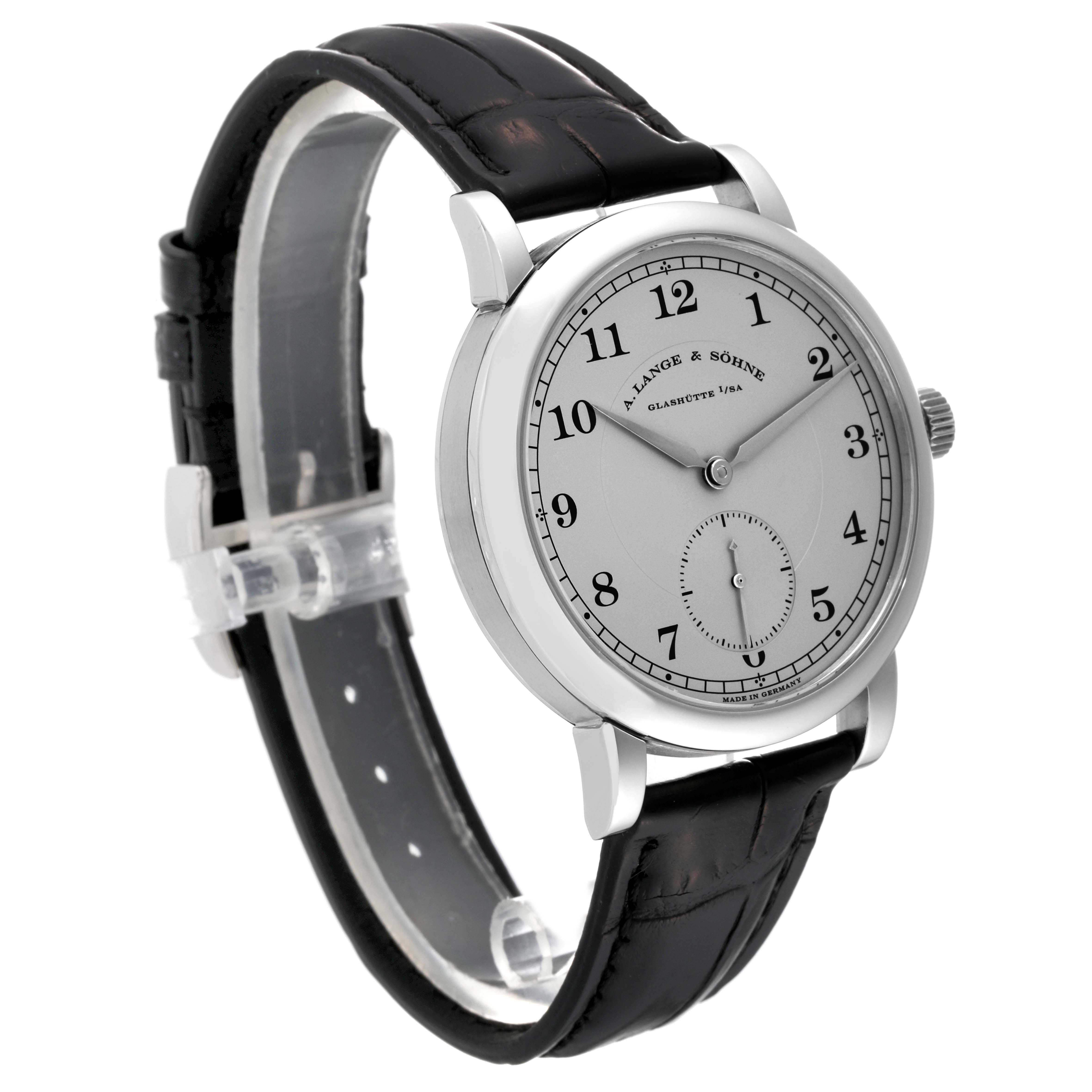 The image shows an A. Lange & Sohne 1815 233.025 Men's Platinum Silver Dial model watch from a three-quarter angle, featuring its dial, bezel, crown, and leather strap.