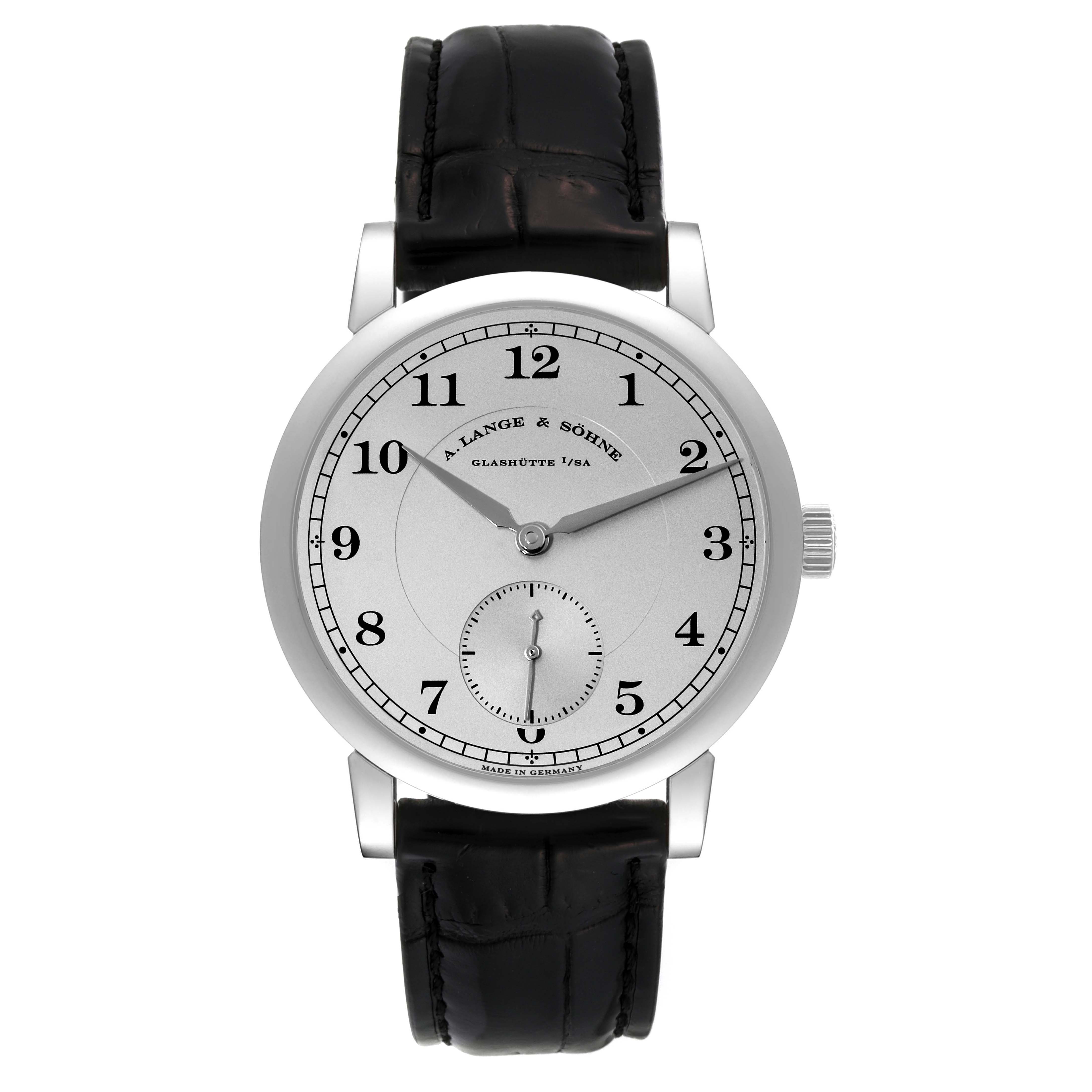 The image shows a front view of the A. Lange & Sohne 1815 233.025 Men's Platinum Silver Dial watch, displaying its dial, numerals, hands, and leather strap.
