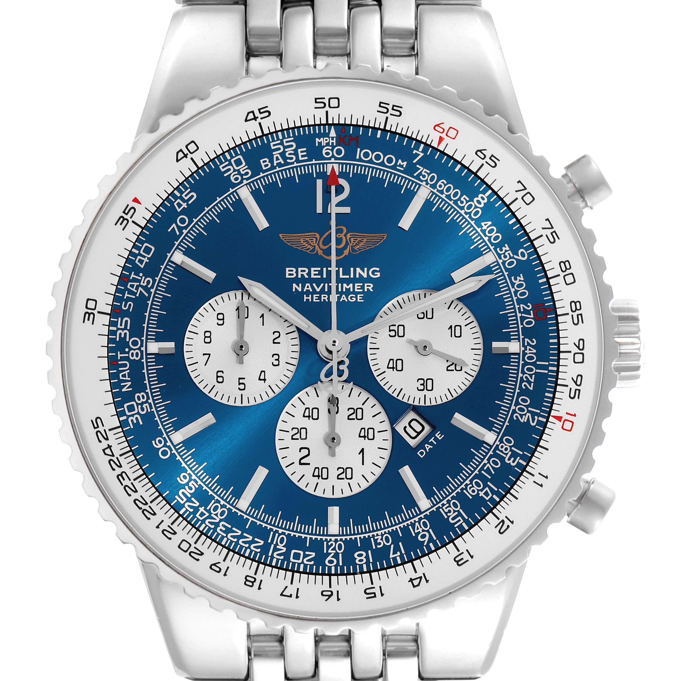 The Breitling Navitimer A35340 Men
s Stainless Steel Blue Dial A35340 Men
s Stainless Steel Blue Dial watch is shown from the front, highlighting its blue dial, subdials, bezel, and part of the bracelet.