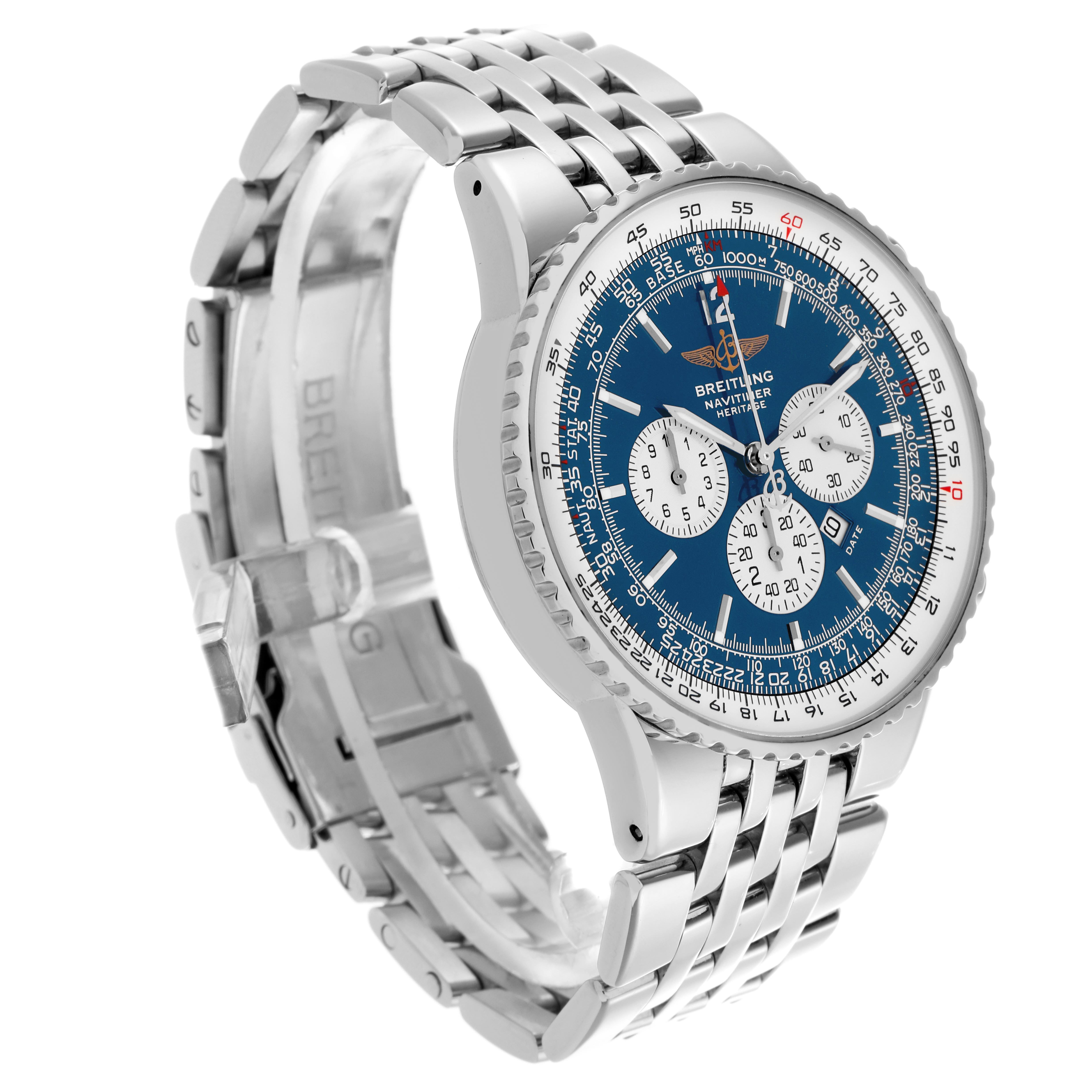 The Breitling Navitimer A35340 Men
s Stainless Steel Blue Dial A35340 Men
s Stainless Steel Blue Dial watch is shown at an angled side view, highlighting the blue dial, bezel, and stainless steel bracelet.