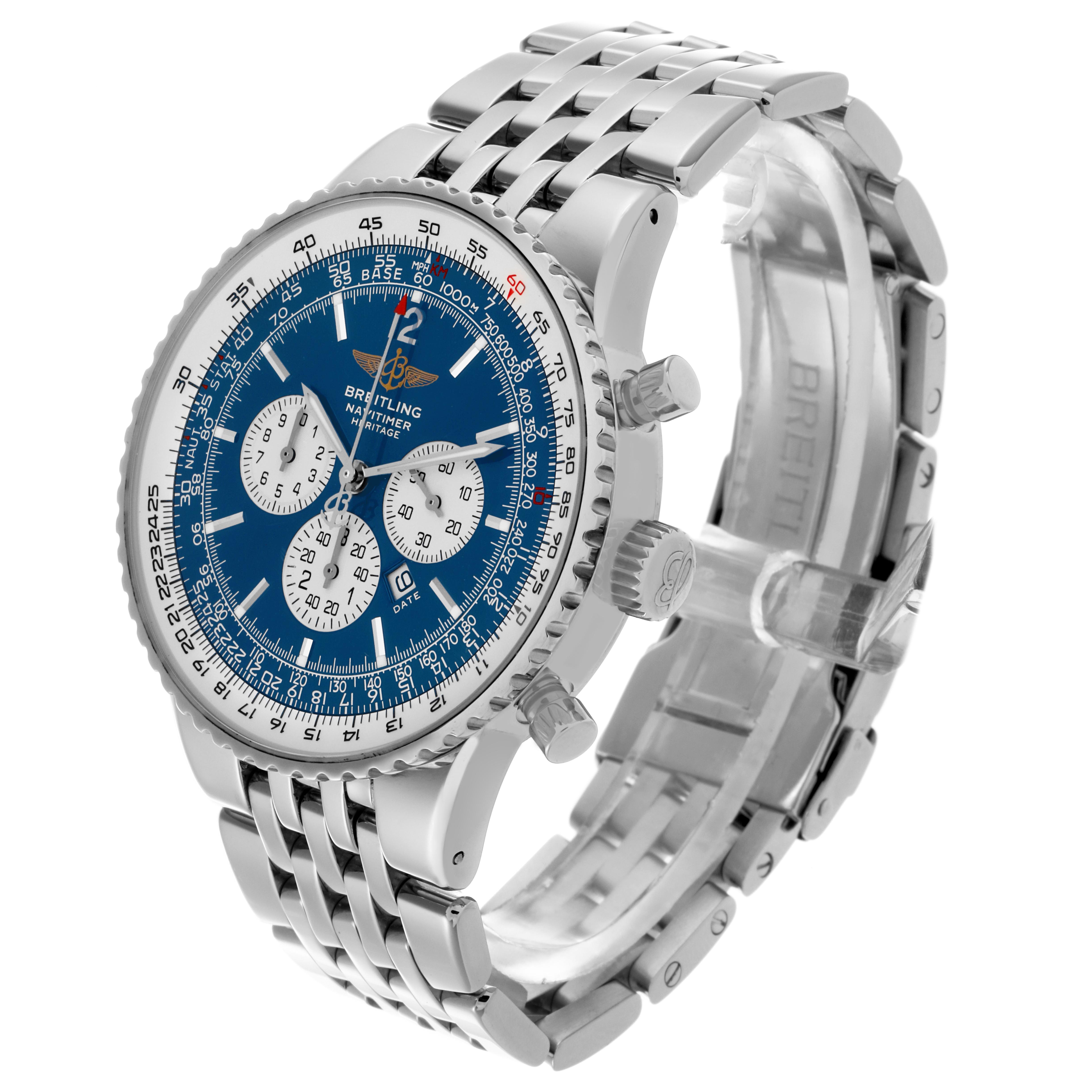 The Breitling Navitimer A35340 Men
s Stainless Steel Blue Dial A35340 Men
s Stainless Steel Blue Dial watch is shown at an angled view, highlighting the face, bezel, chronograph dials, and metal bracelet.