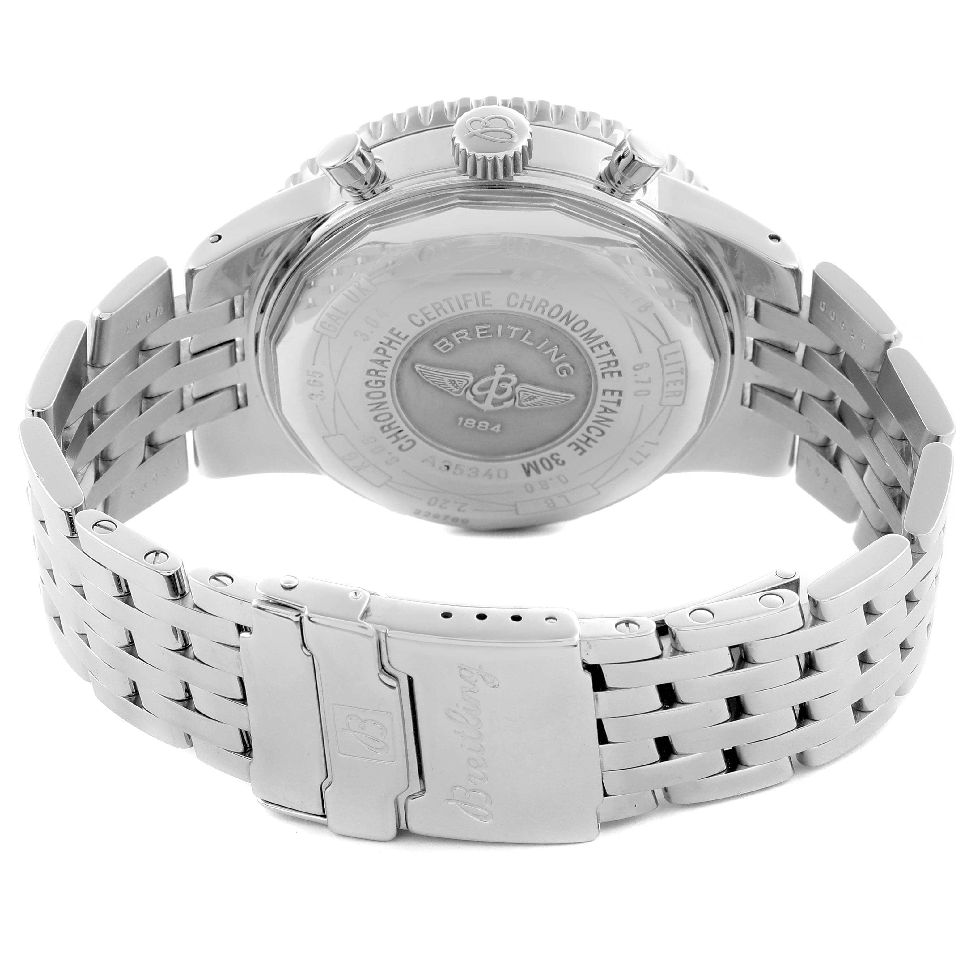 The image shows the back and clasp of the Breitling Navitimer A35340 Men
s Stainless Steel Blue Dial A35340 Men
s Stainless Steel Blue Dial watch with a focus on the bracelet and engraved details.