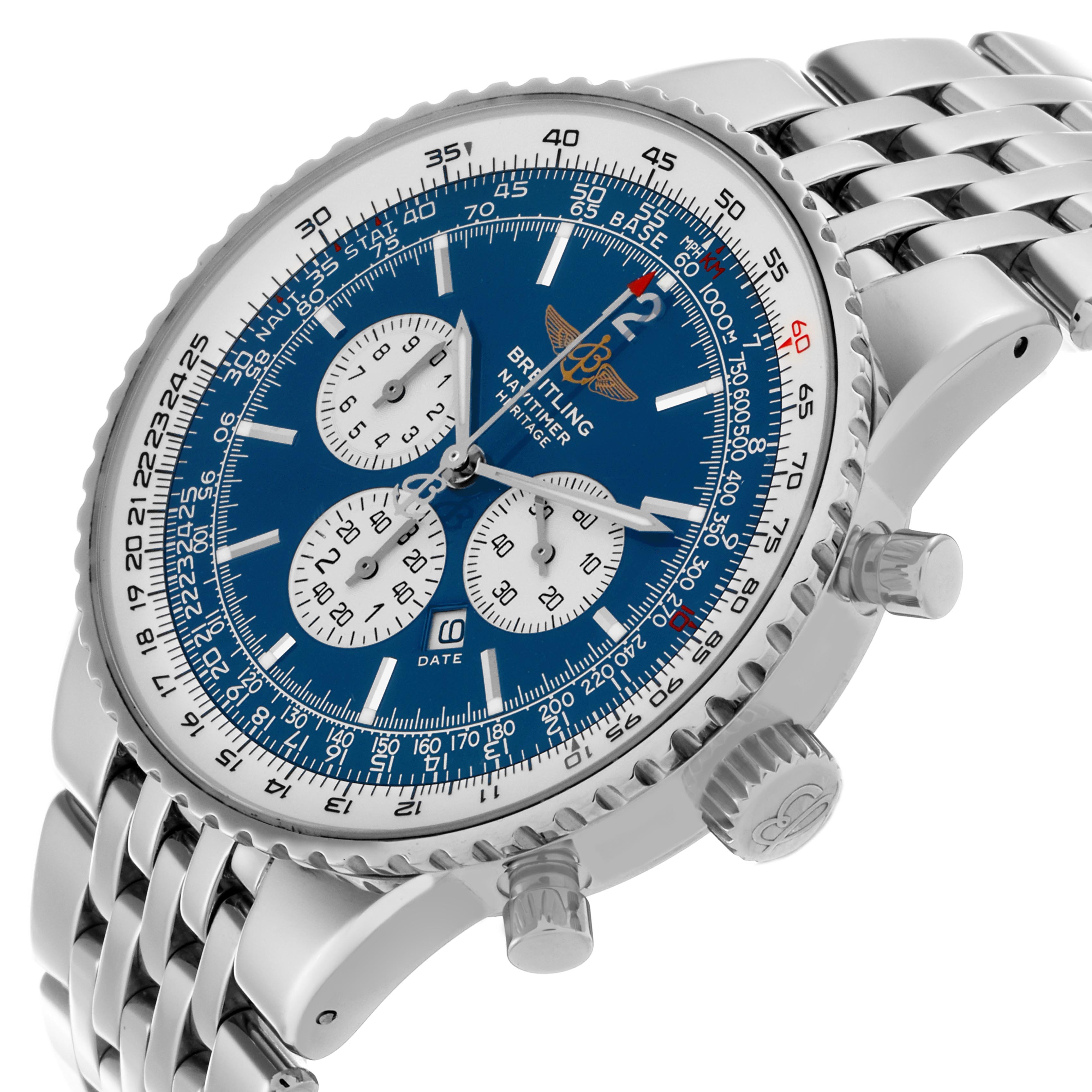 The Breitling Navitimer A35340 Men
s Stainless Steel Blue Dial A35340 Men
s Stainless Steel Blue Dial watch is shown at a slight angle, featuring the dial, bezel, chronograph subdials, and metal bracelet.