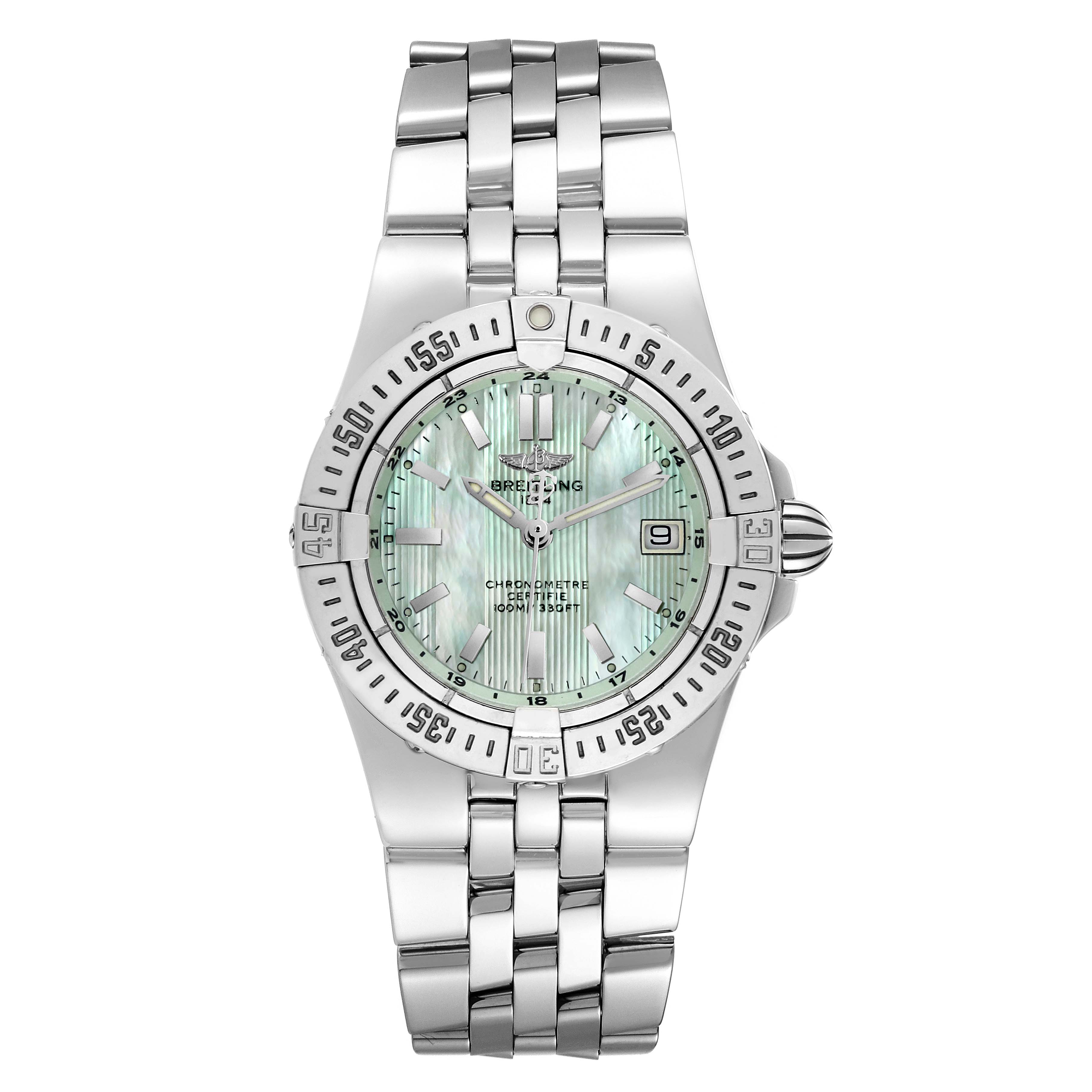 The Breitling A71340 Women's Stainless Steel Mother of Pearl Dial A71340 Women's Stainless Steel Mother of Pearl Dial Starliner Green Mother of Pearl Dial Steel Ladies Watch A71340 is shown from a top-down angle, highlighting its face and bracelet.