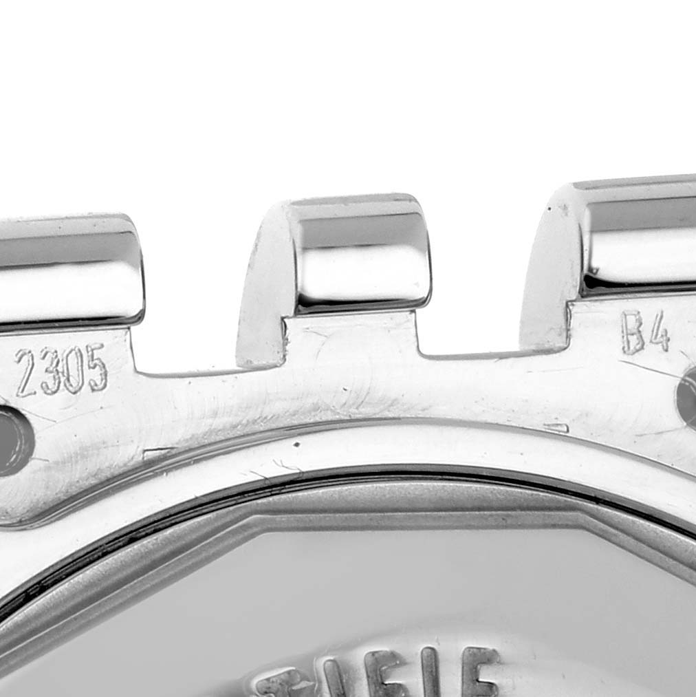 This close-up angle shows part of the bezel and lugs of the Breitling A71340 Women's Stainless Steel Mother of Pearl Dial A71340 Women's Stainless Steel Mother of Pearl Dial Starliner Green Mother of Pearl Dial Steel Ladies Watch A71340.