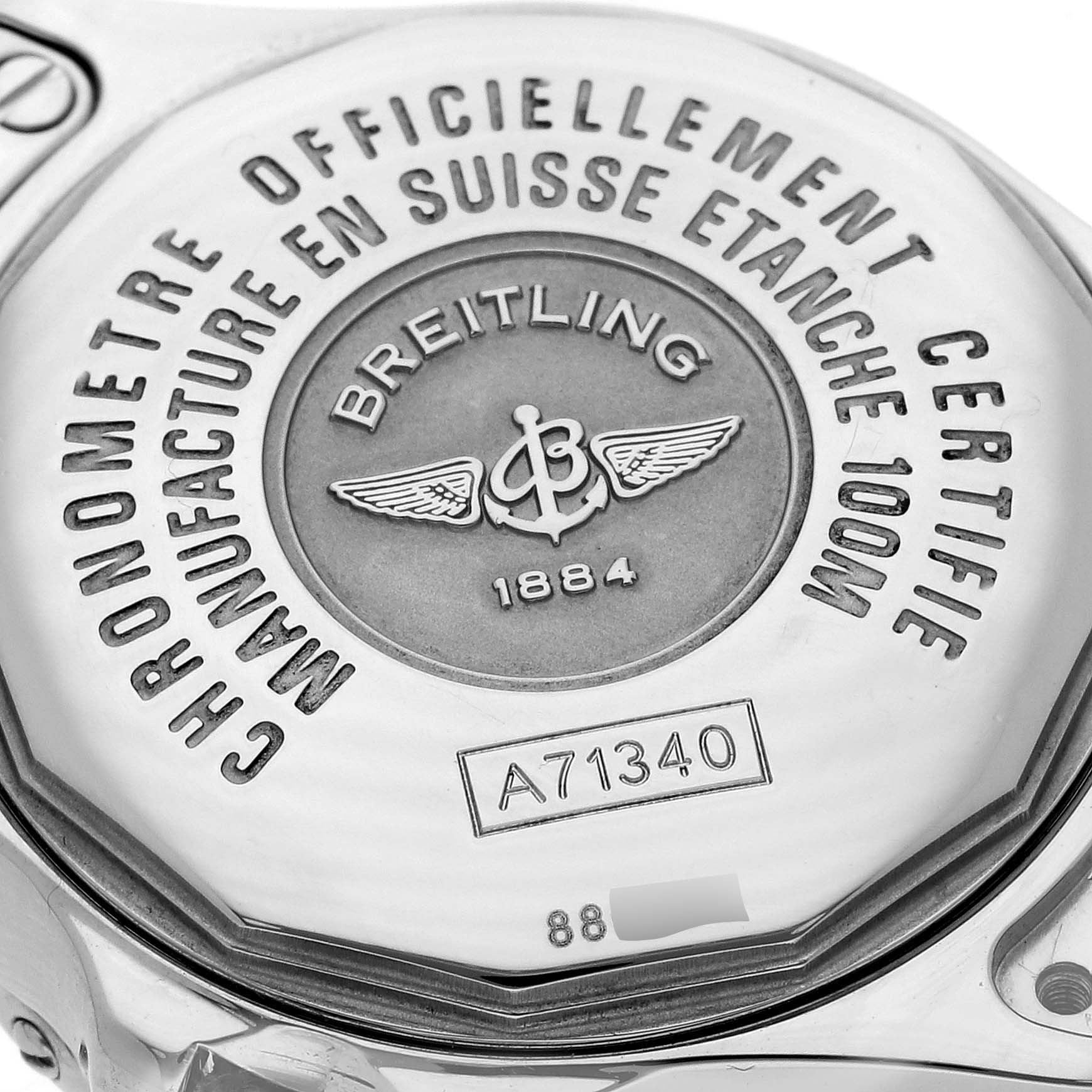 This image shows the back of the Breitling A71340 Women's Stainless Steel Mother of Pearl Dial A71340 Women's Stainless Steel Mother of Pearl Dial Starliner Green Mother of Pearl Dial Steel Ladies Watch A71340 model.