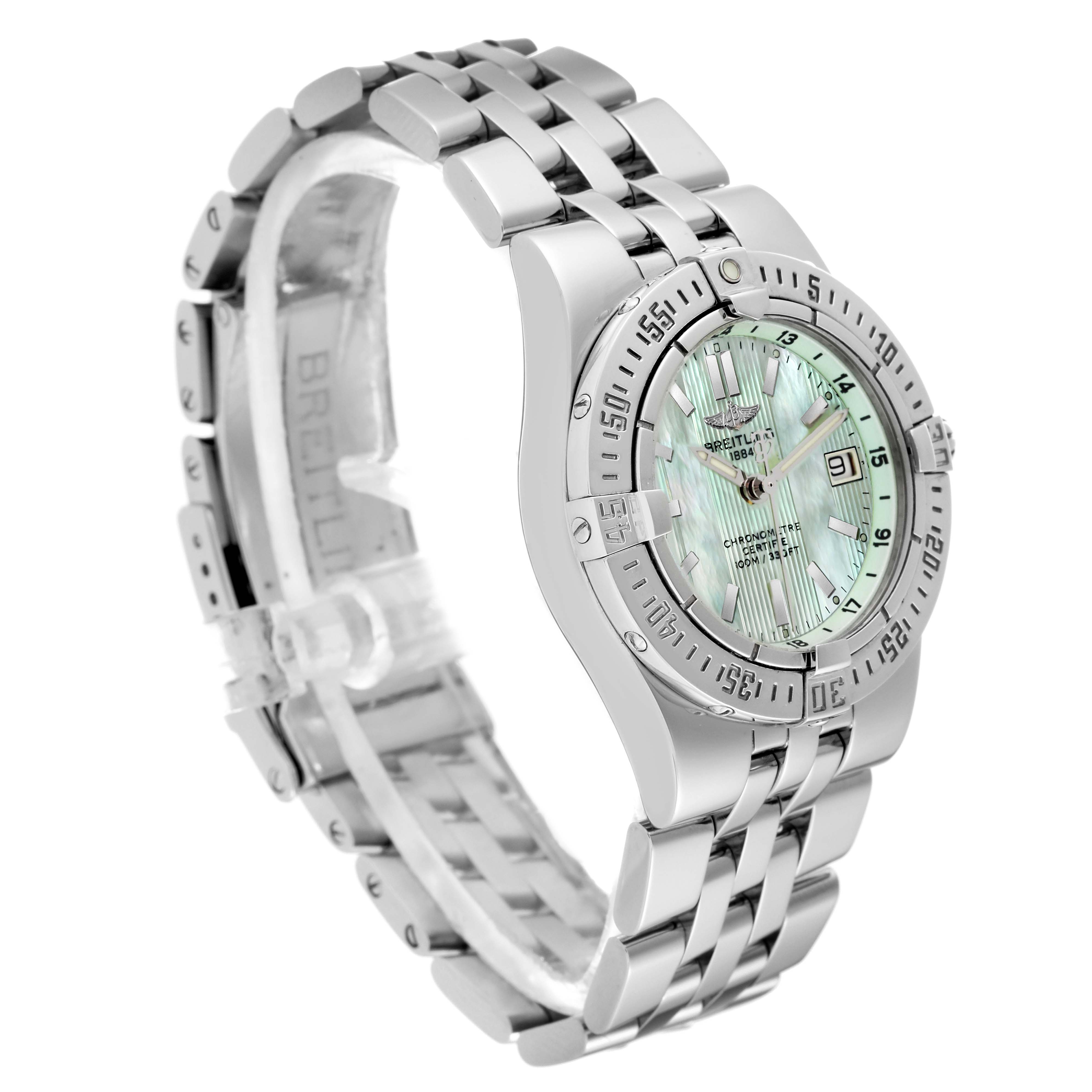 The Breitling A71340 Women's Stainless Steel Mother of Pearl Dial A71340 Women's Stainless Steel Mother of Pearl Dial Starliner Green Mother of Pearl Dial Steel Ladies Watch A71340 is shown at a three-quarter angle, highlighting its dial, bezel, and bracelet.