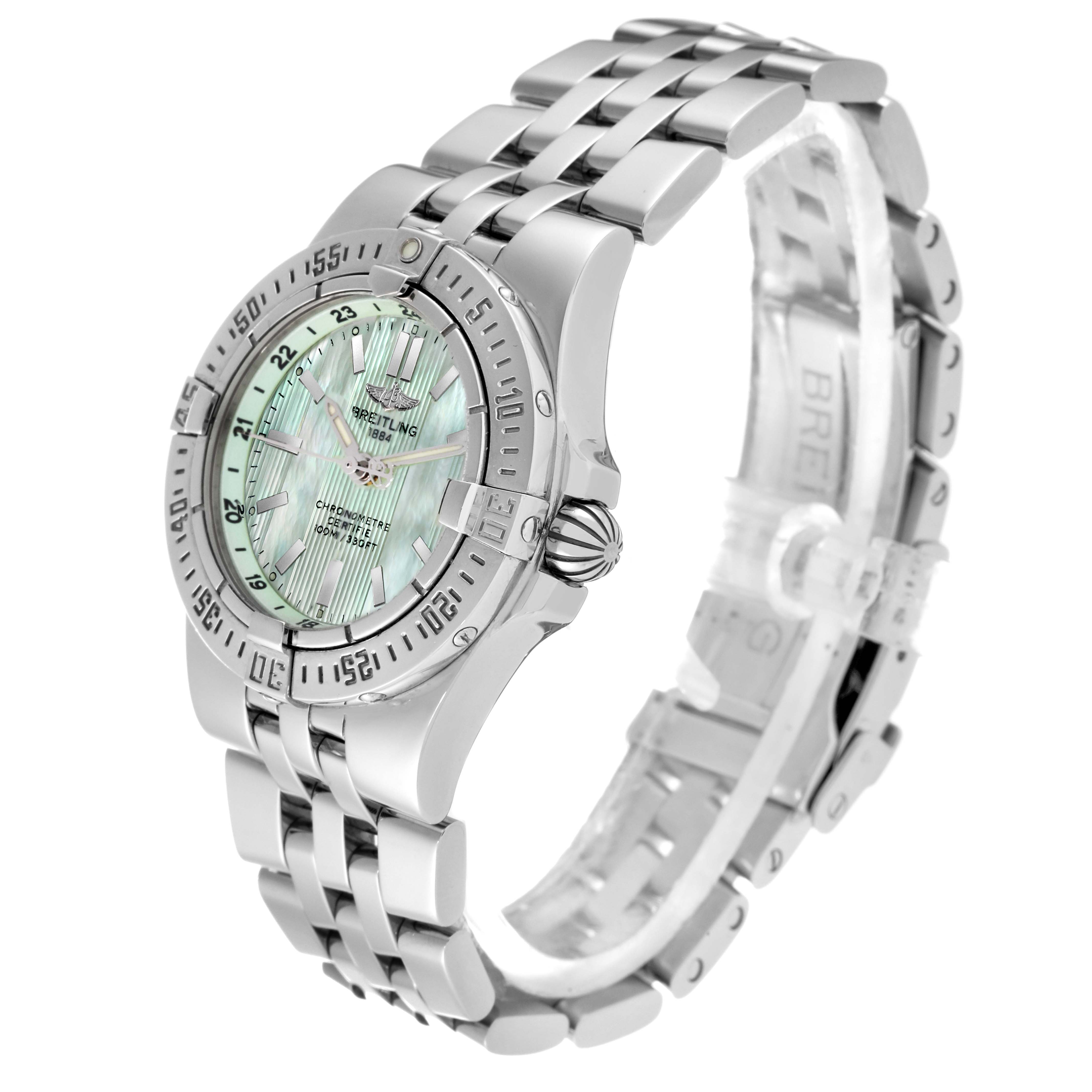 The image shows a side angle of the Breitling A71340 Women's Stainless Steel Mother of Pearl Dial A71340 Women's Stainless Steel Mother of Pearl Dial Starliner Green Mother of Pearl Dial Steel Ladies Watch A71340, including its dial, bezel, crown, and bracelet.