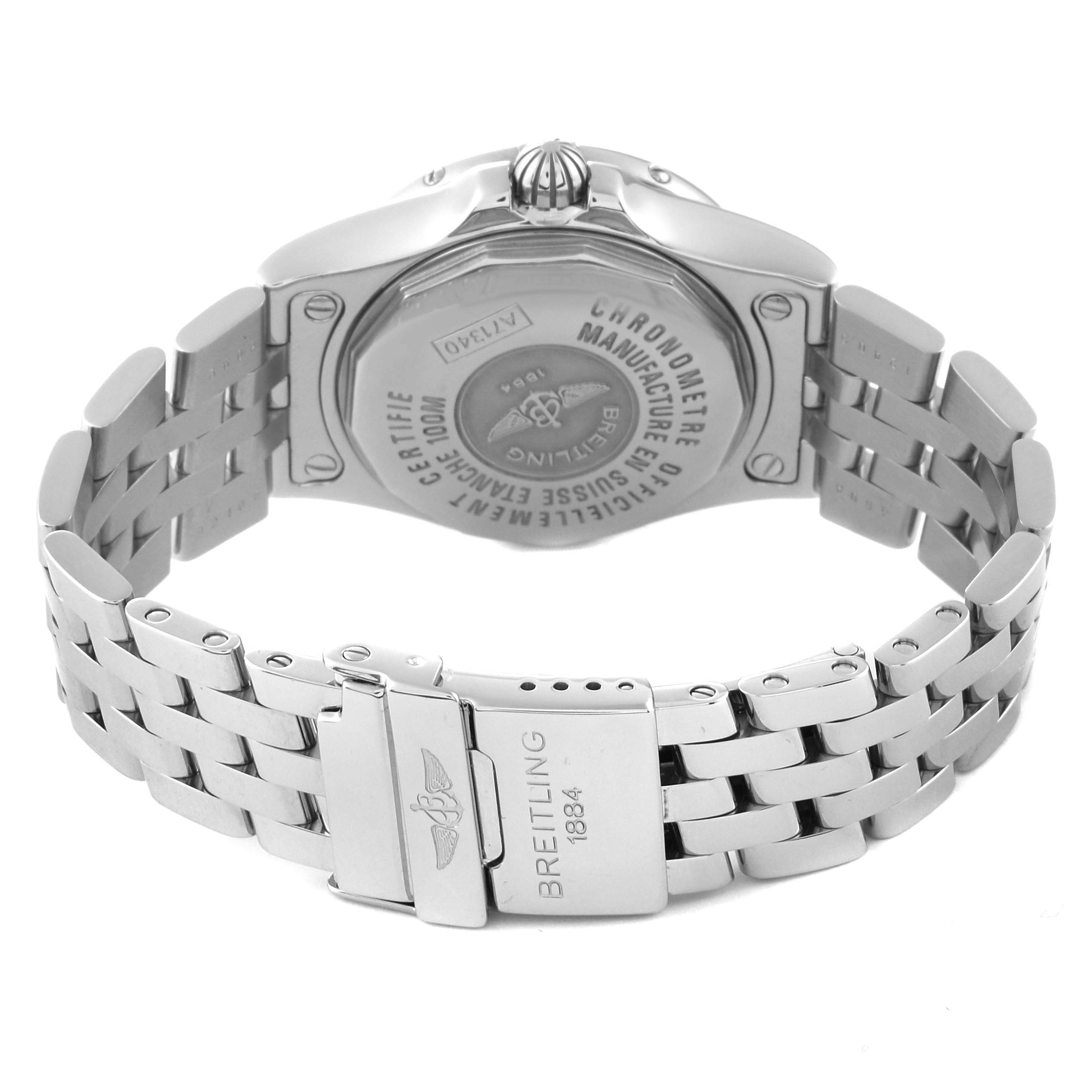 This image shows the back view of the Breitling A71340 Women's Stainless Steel Mother of Pearl Dial A71340 Women's Stainless Steel Mother of Pearl Dial Starliner A71340 watch, highlighting the case back and clasp.