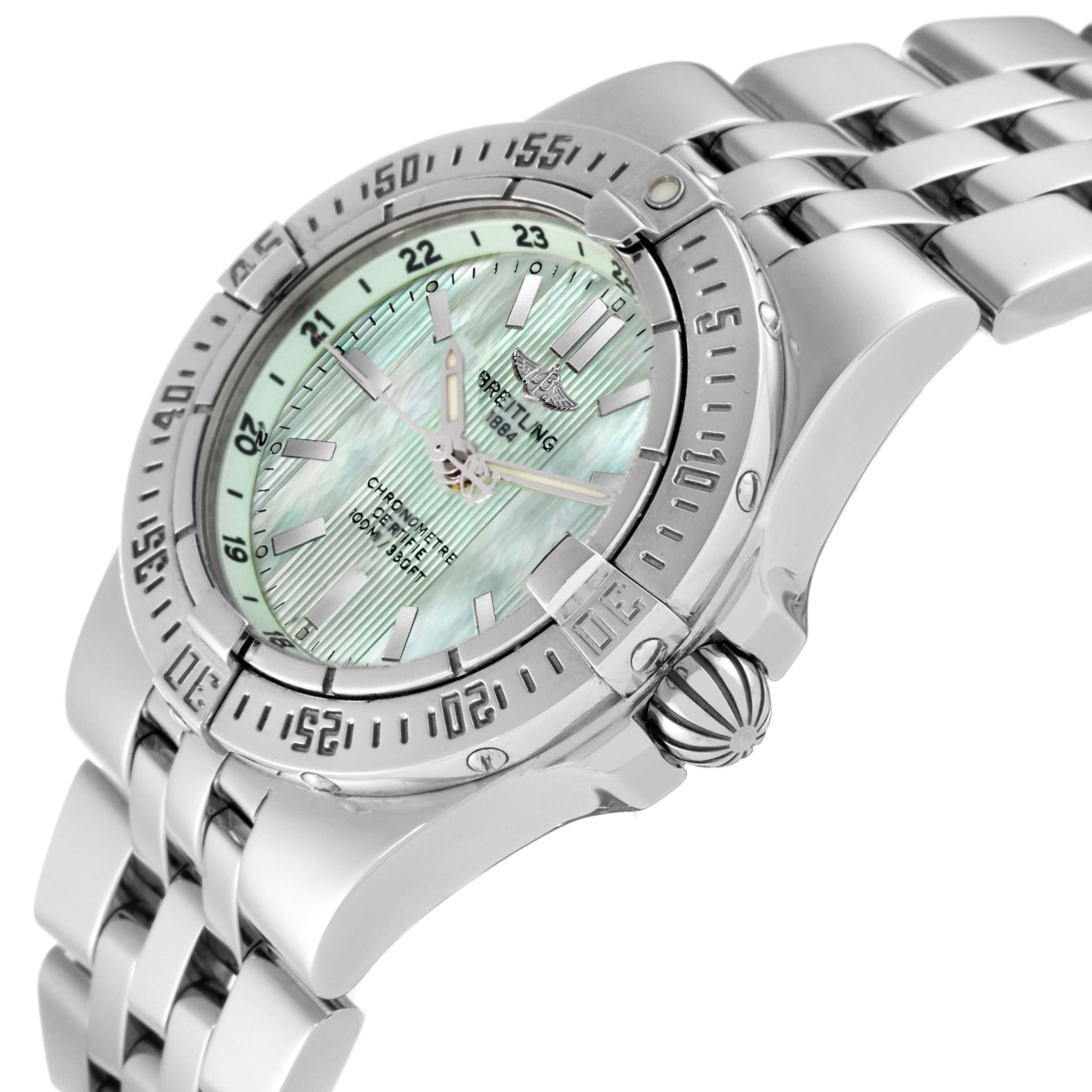 This image shows a close-up side angle of the Breitling A71340 Women's Stainless Steel Mother of Pearl Dial A71340 Women's Stainless Steel Mother of Pearl Dial Starliner Green Mother of Pearl Dial Steel Ladies Watch A71340, highlighting the bezel, dial, and bracelet.