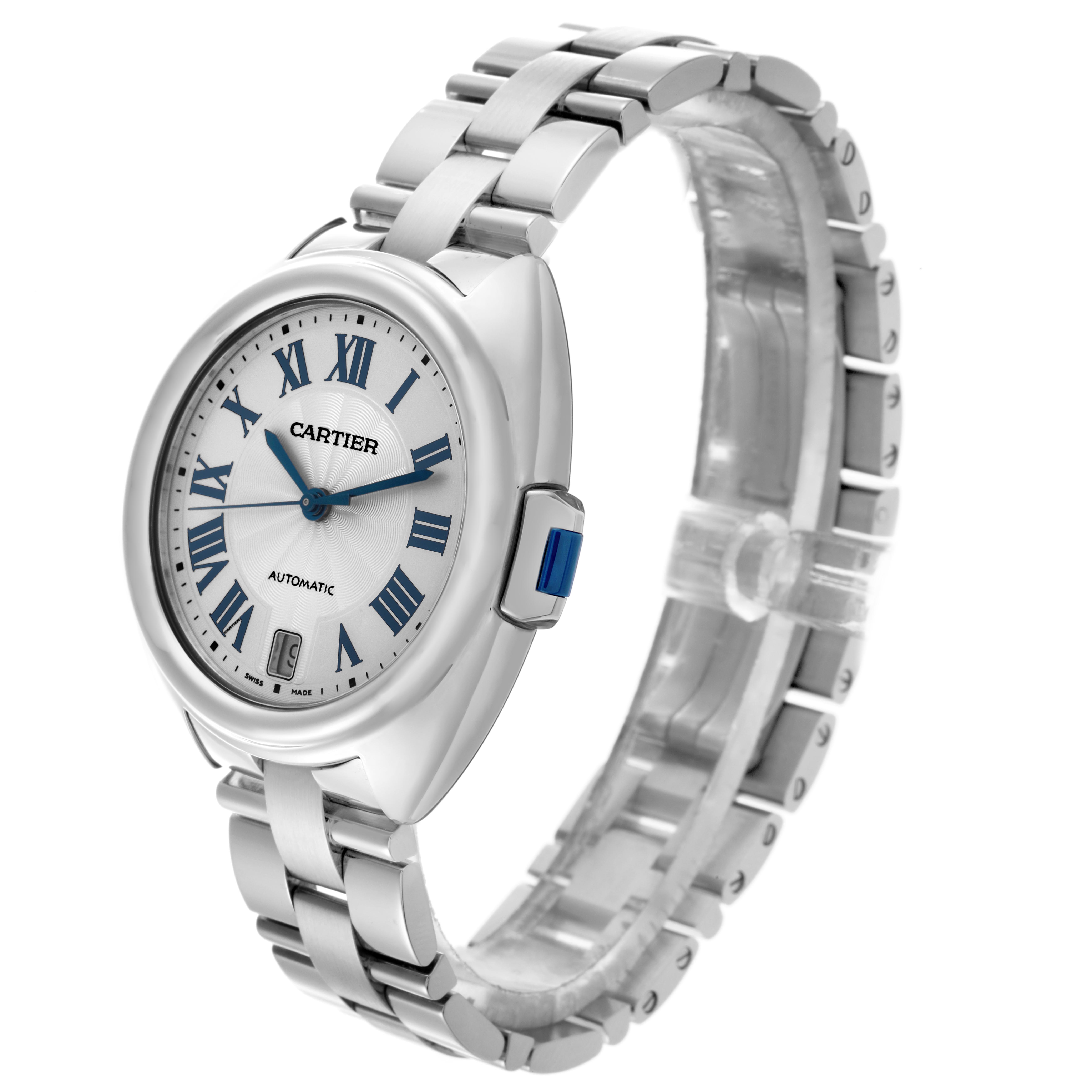 The Cartier Cle WSCL0006 Men
s Stainless Steel Silver Dial WSCL0006 Men
s Stainless Steel Silver Dial watch is shown at an angle displaying the face, dial, side, and bracelet.