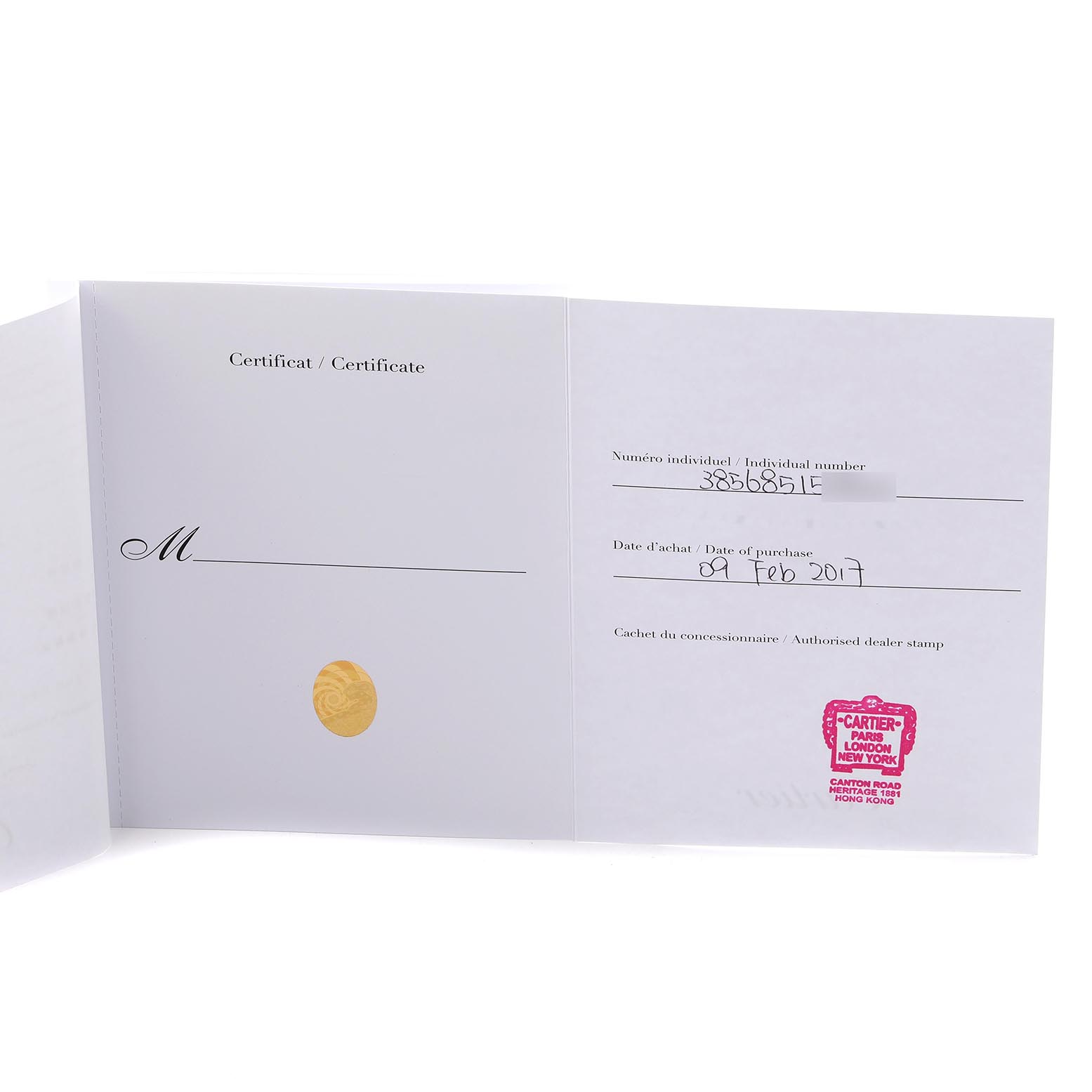 The image shows the certificate of Best Quality
ity for a Cle de Cartier watch, featuring dealer stamps and purchase details.