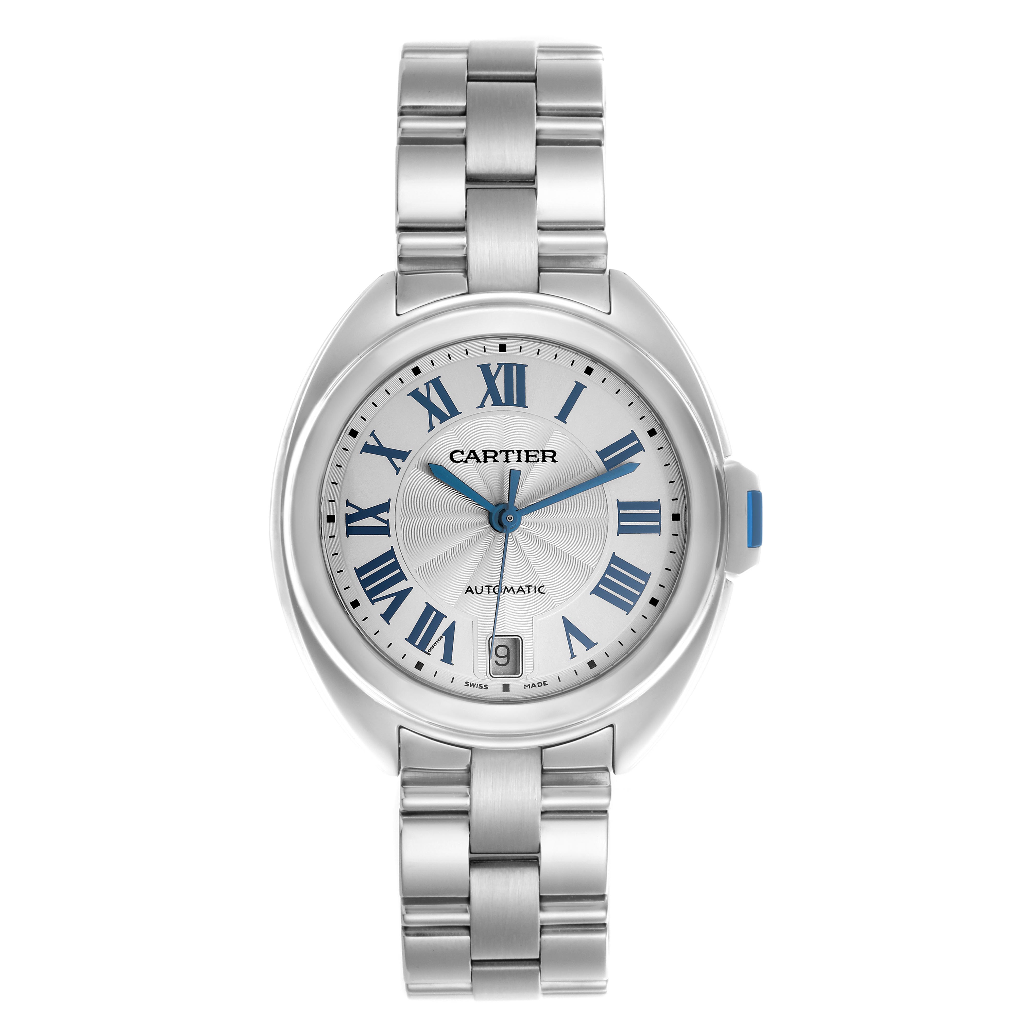 The Cartier Clé watch is shown from a front angle, displaying its silver dial, blue Roman numerals, and stainless steel bracelet.