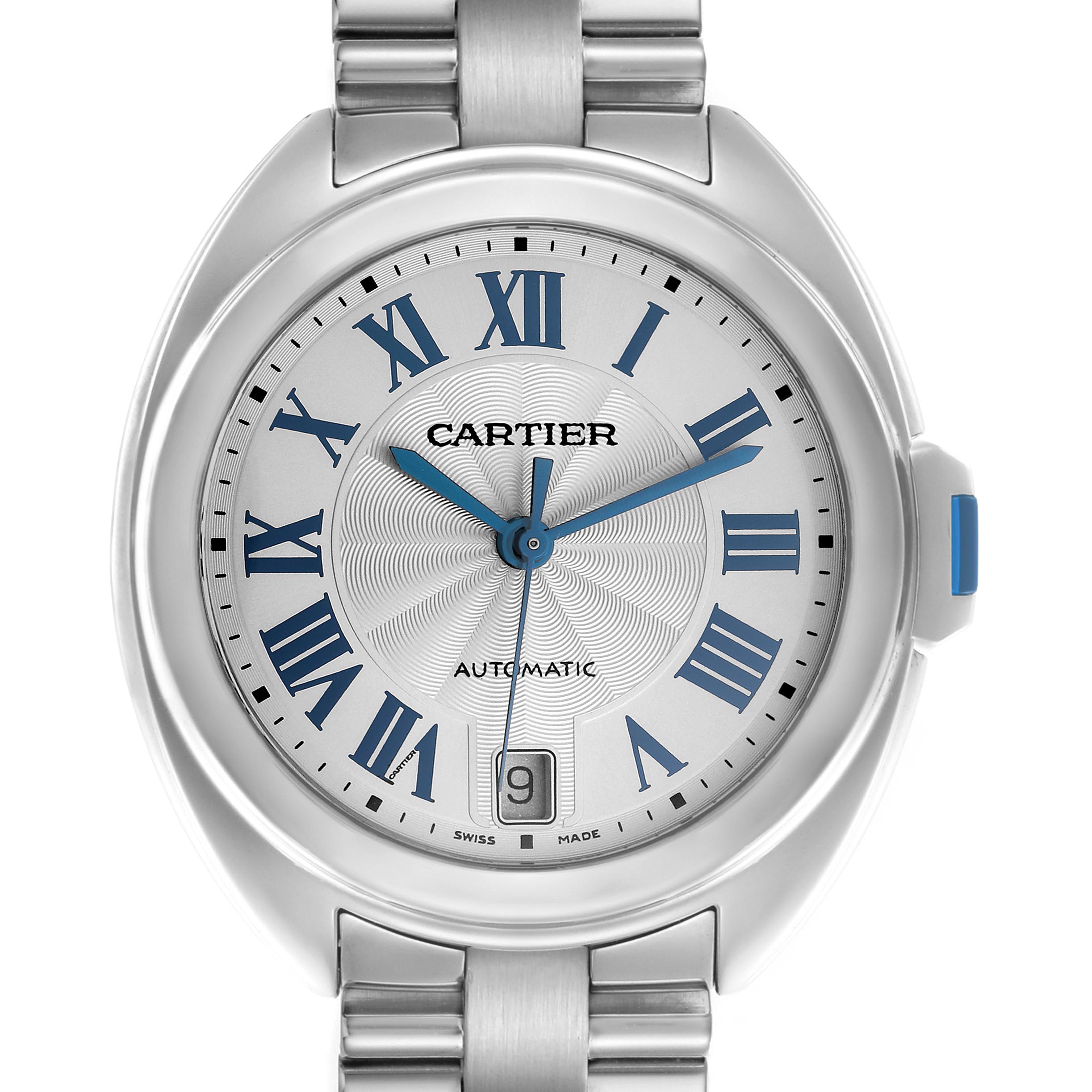 The Cartier Clé watch is shown from a straight-on angle, highlighting its dial, blue Roman numerals, and date window.
